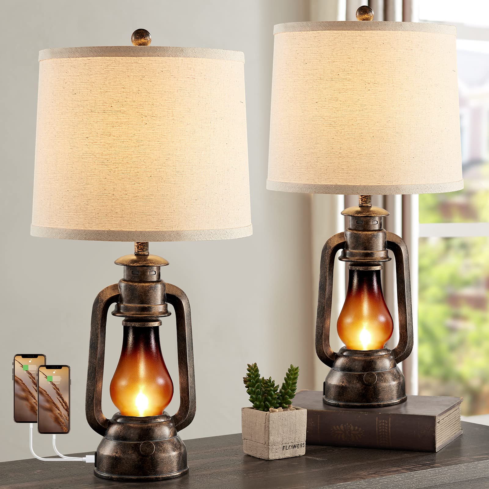 Farmhouse Lantern Table Lamps for Living Room Set of 2, Vintage Bedroom Resin Lamp with Dual USB Charging Ports, Rustic Retro Bedside Nightstand Desk Lamp, 4 Bulb Included