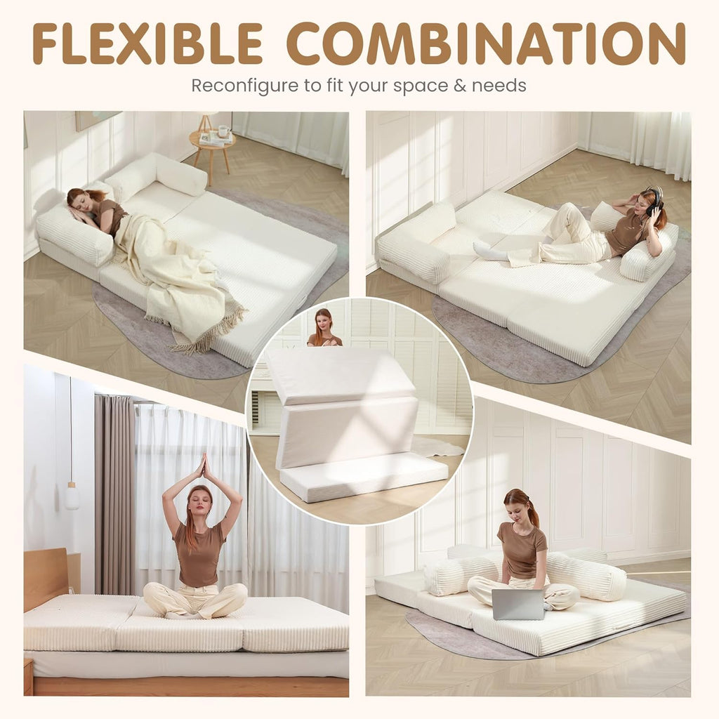 Convertible Sofa Bed Queen,5-in-1 Tri-Fold Boneless Couch with Removable Armrests & Handle,Corduroy Futon Sleeper Sofa,Floor Folding Mattress Pull Out Bed for Small Space Apartment Living Room Bedroom