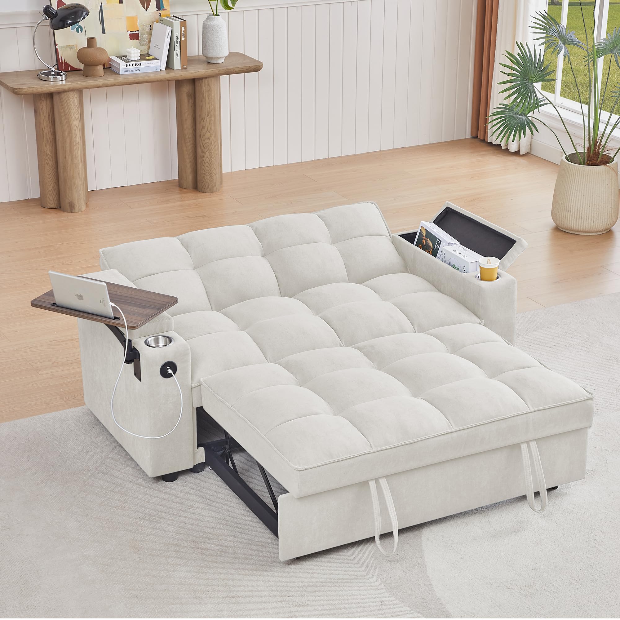 hansones 65'' 3-in-1 Folding Convertible Sofa Bed, Pullout Sofa, Modern Chenille Fabric, 360° Swivel Side Table, Easy Assembly, Perfect for Living Room, Black