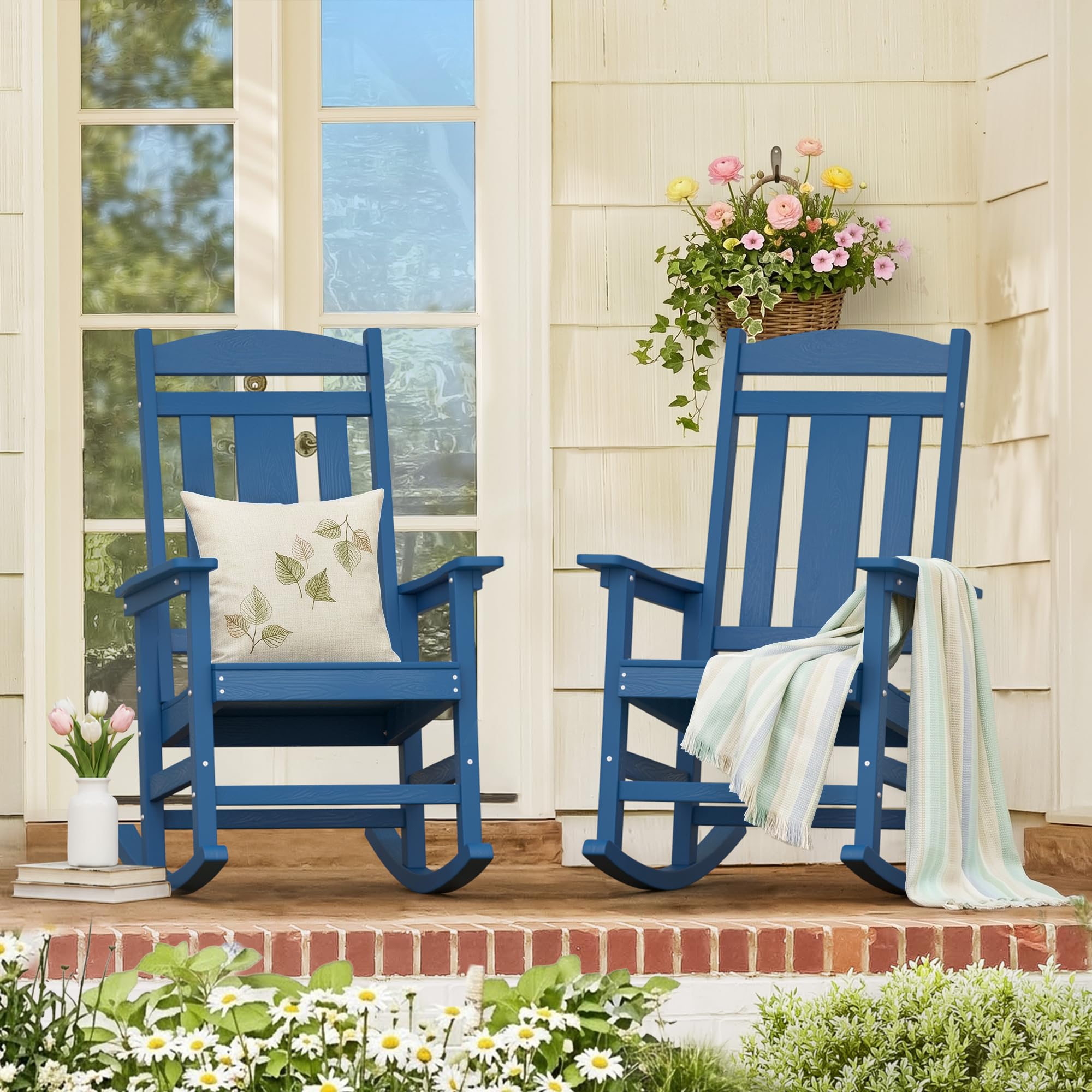 LUE BONA Outdoor Rocking Chairs Set of 2, Weather Resistant Poly Plastic Rocker, 350lb Heavy Duty, Oversized Porch Rocker for Adult, High Back Smooth for Outdoor & Indoor, Black