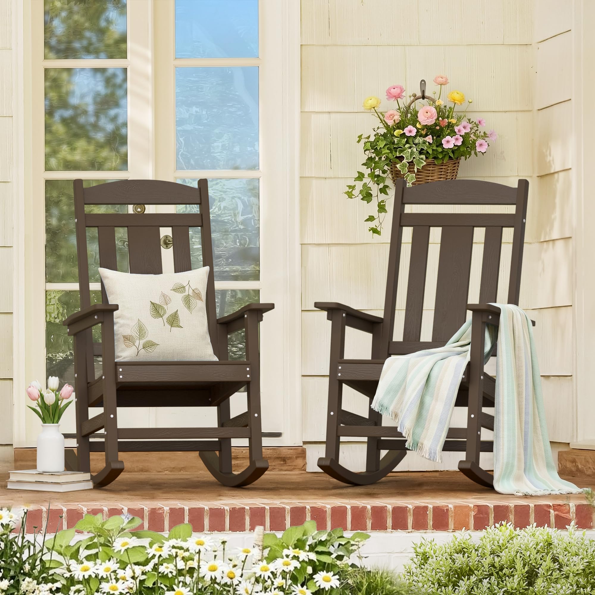 LUE BONA Outdoor Rocking Chairs Set of 2, Weather Resistant Poly Plastic Rocker, 350lb Heavy Duty, Oversized Porch Rocker for Adult, High Back Smooth for Outdoor & Indoor, Black