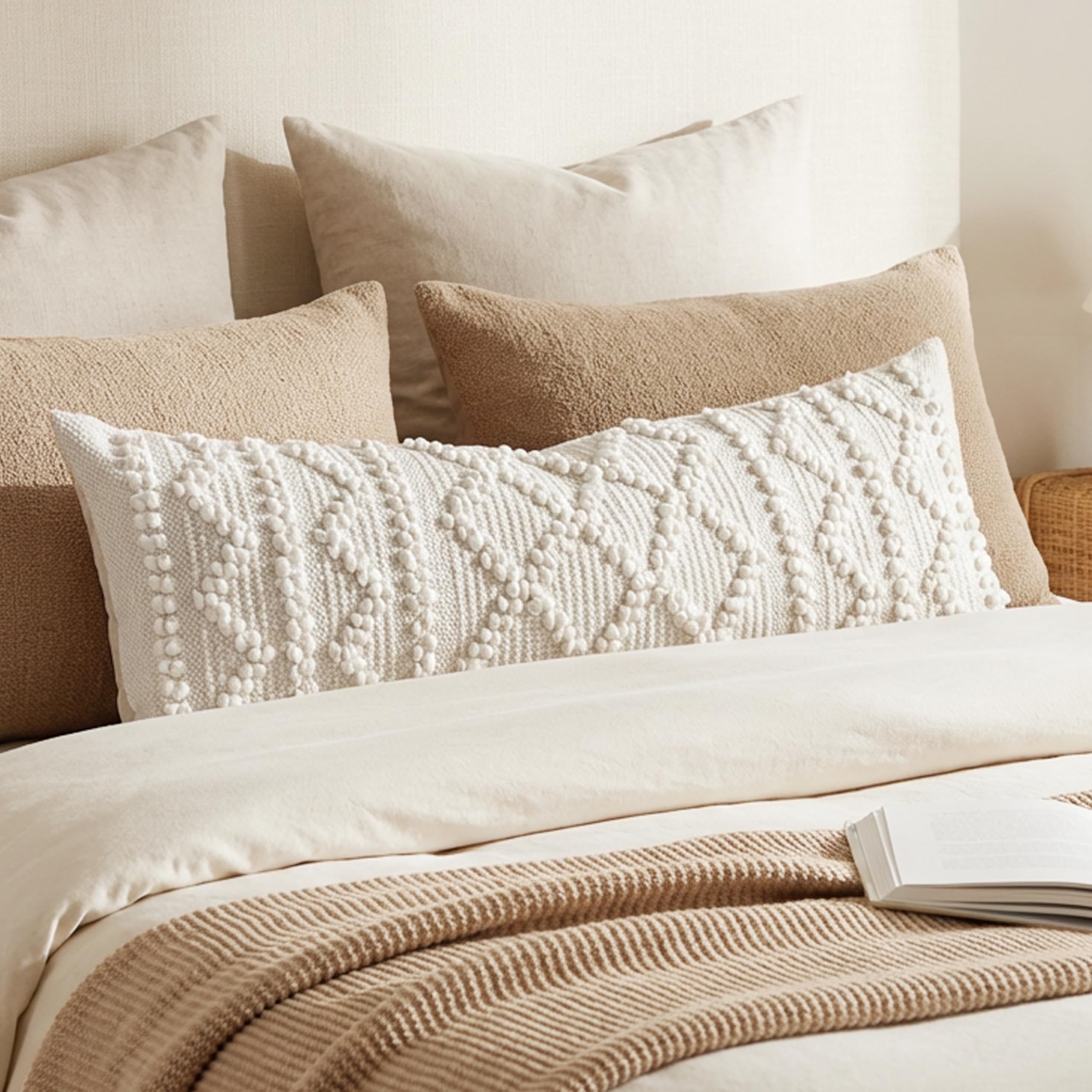 BlissBlush Cream White Boho Throw Pillow Cover 20X20, Boho Woven Textured Pillow Cover, Neutral Pillow Cover, Sofa Couch Bed Farmhouse Lumbar Pillow (Cover ONLY)