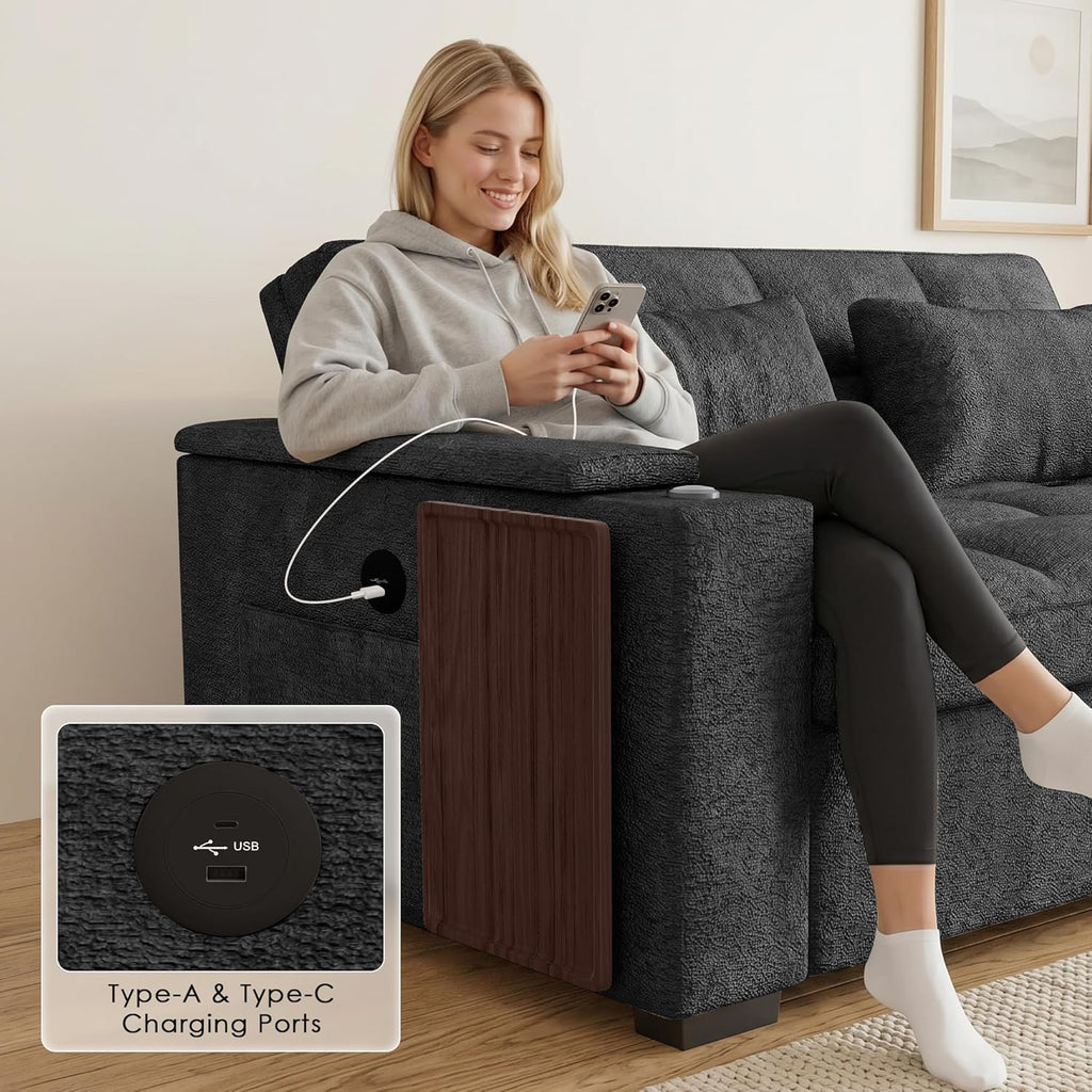 68'' Sleeper Sofa Bed, Pull Out Couch with 360° Swivel Side Table | USB Port | Adjustable Backrest | Cup Holder | Chenille Fabric Loveseat for Living Room, Apartment, Office (Black)