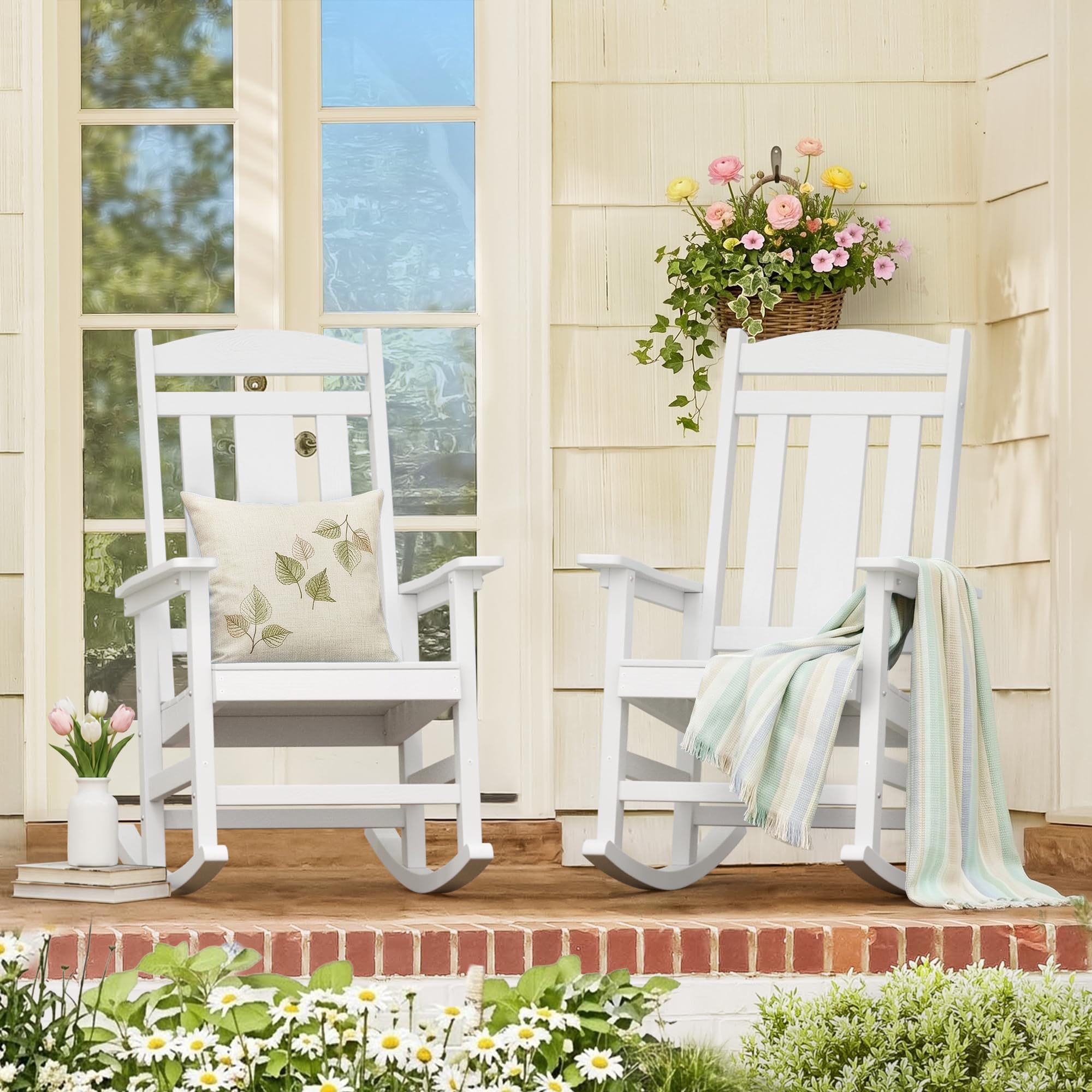 LUE BONA Outdoor Rocking Chairs Set of 2, Weather Resistant Poly Plastic Rocker, 350lb Heavy Duty, Oversized Porch Rocker for Adult, High Back Smooth for Outdoor & Indoor, Black