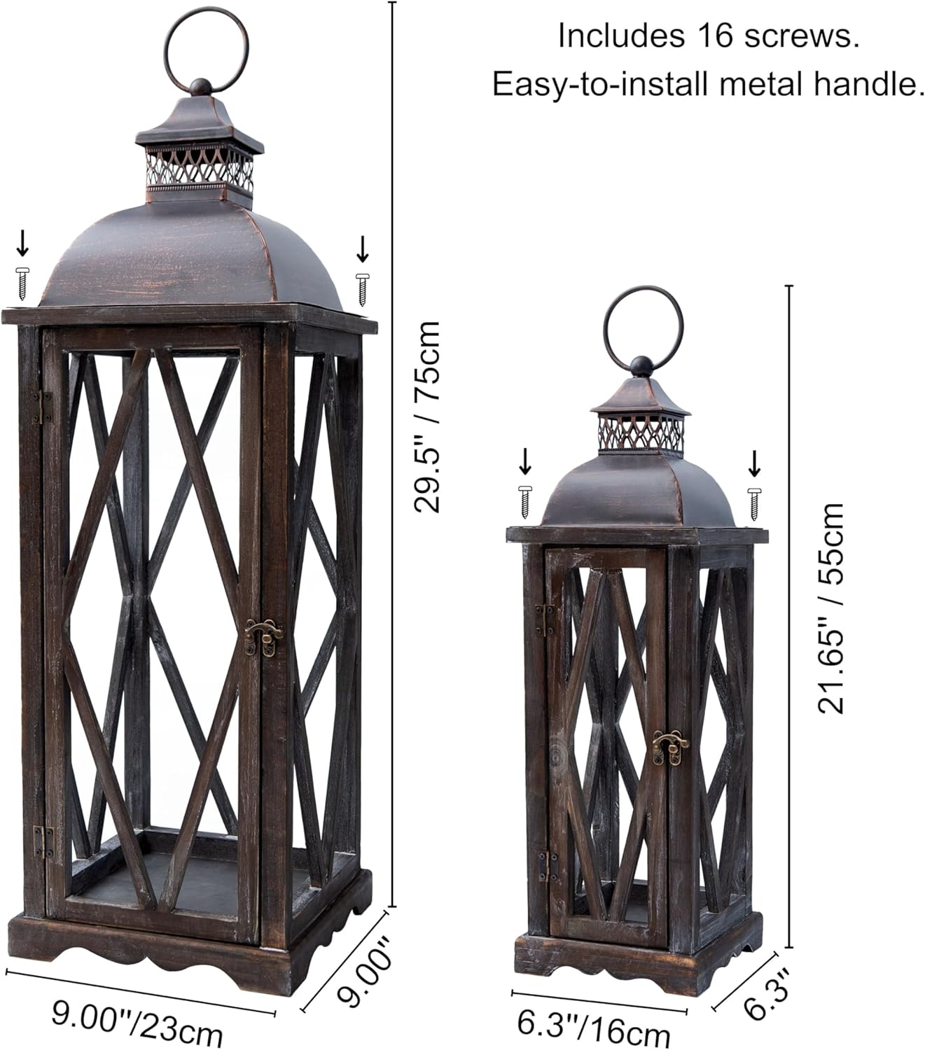 Perfnique Farmhouse Outdoor Lanterns for Patio, Set of 2 Rustic Lanterns Decor, Vintage Hanging Candle Holder Decorative for Porch, Garden, Yard, Indoor (No Glass, Dark Brown)