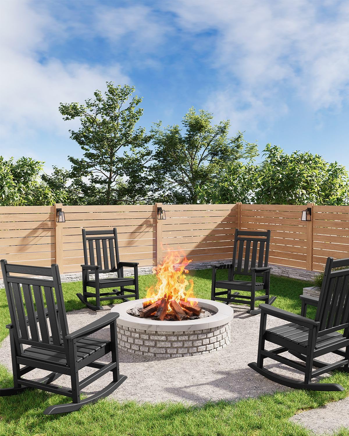 Black Garvee 2-Pack HDPE High Back Outdoor Rocking Chairs with Side Table All Weather Patio Porch Furniture