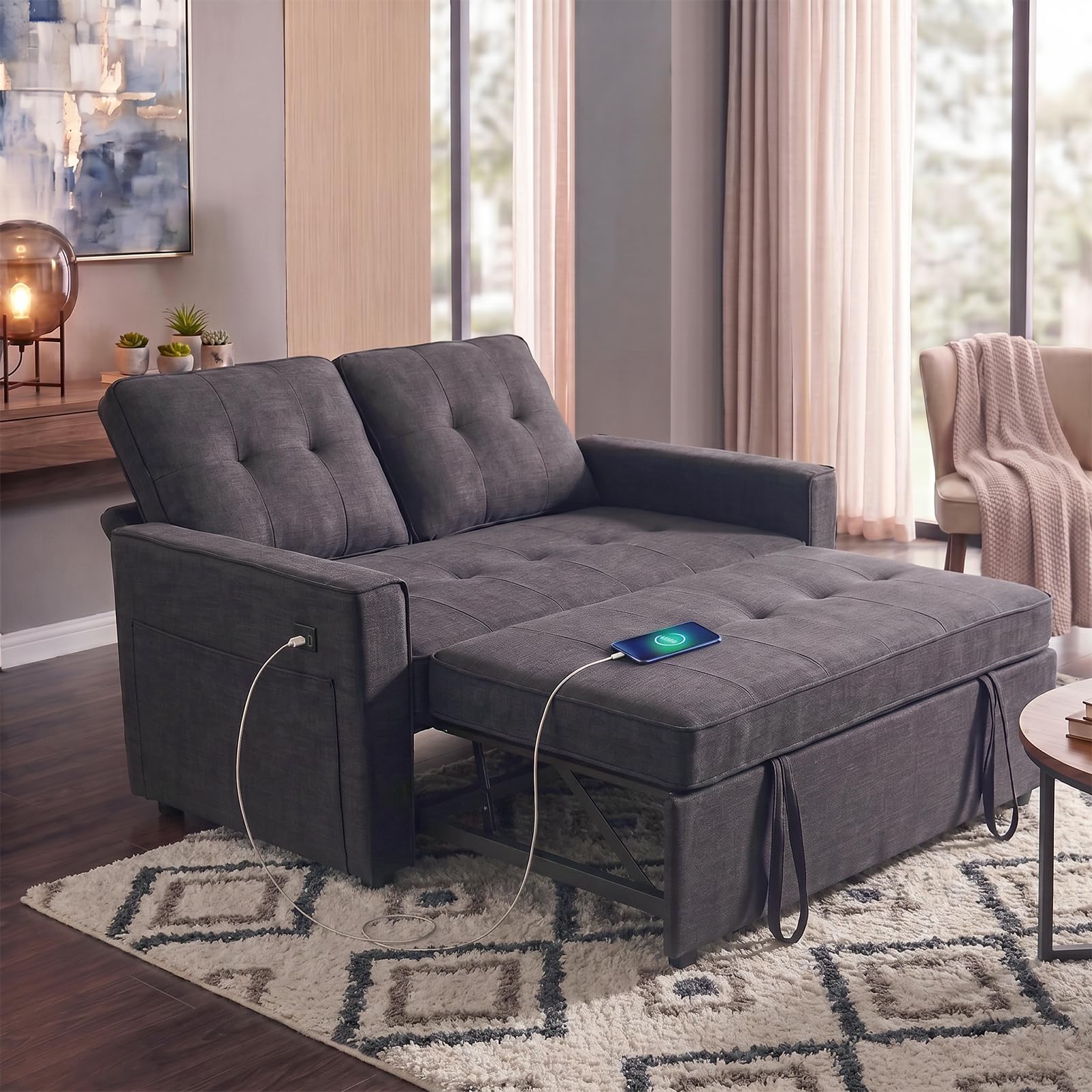 Actinidia 3 in 1 Convertible Sofa Bed, 53" Modern Loveseat Sleeper Sofa with USB Port & Storage Pockets, Pull Out Couch with Reclining Backrest, Futon Bed for Small Spaces, Living Room (Dark Gray)