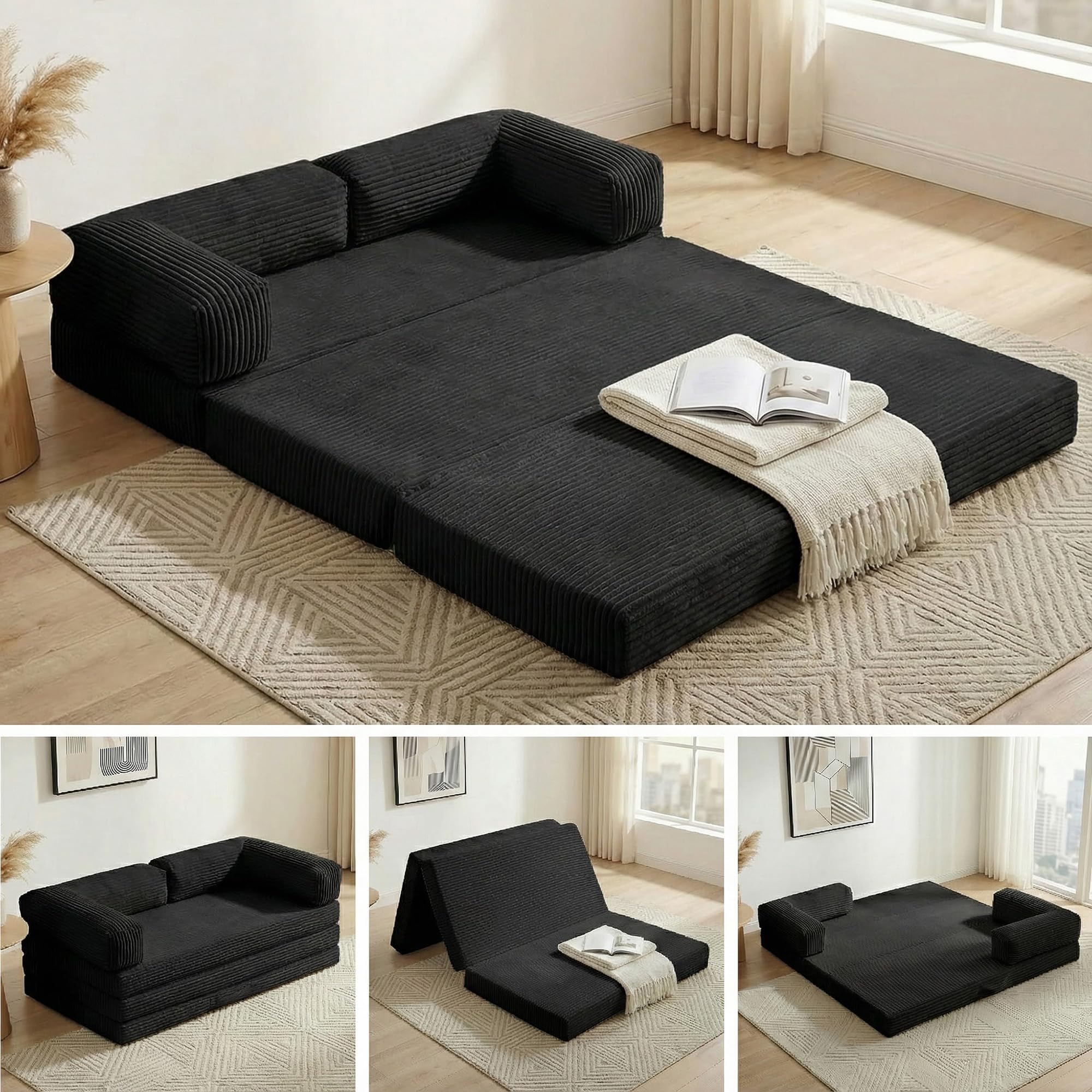 Convertible Sofa Bed Queen,5-in-1 Tri-Fold Boneless Couch with Removable Armrests & Handle,Corduroy Futon Sleeper Sofa,Floor Folding Mattress Pull Out Bed for Small Space Apartment Living Room Bedroom