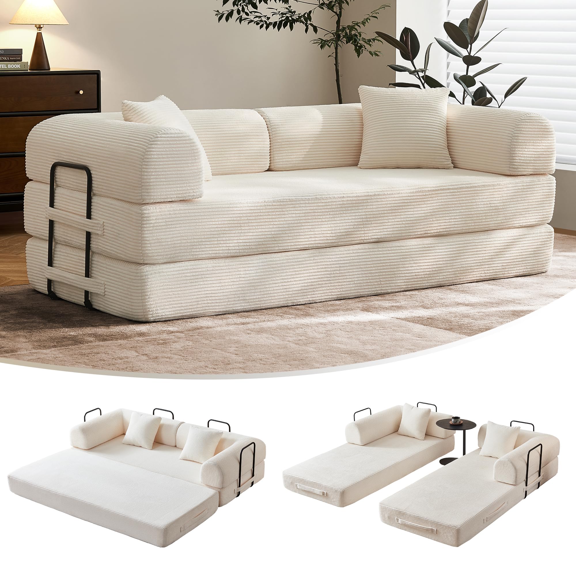 79" Convertible Sofa Bed with Fixed-Shape Frame & Removable Armrests, Modular Corduroy Sleeper Sofa, Folding Mattress Couch for Small Spaces - No Assembly Needed in Green (Includes 2 Pillows)