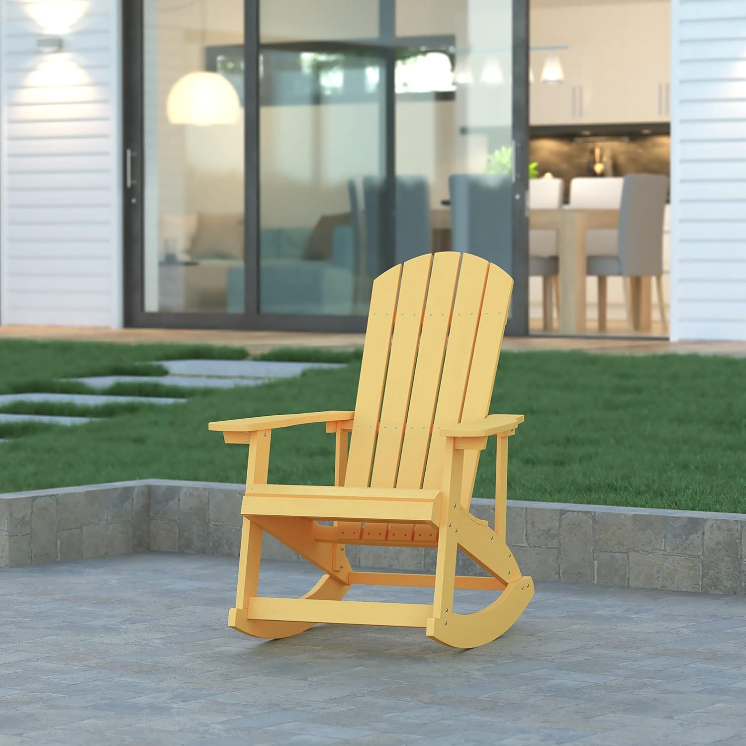 EMMA + OLIVER Savannah Poly Resin Wood Adirondack Rocking Chair - All Weather Yellow Polystyrene - Stainless Steel Hardware