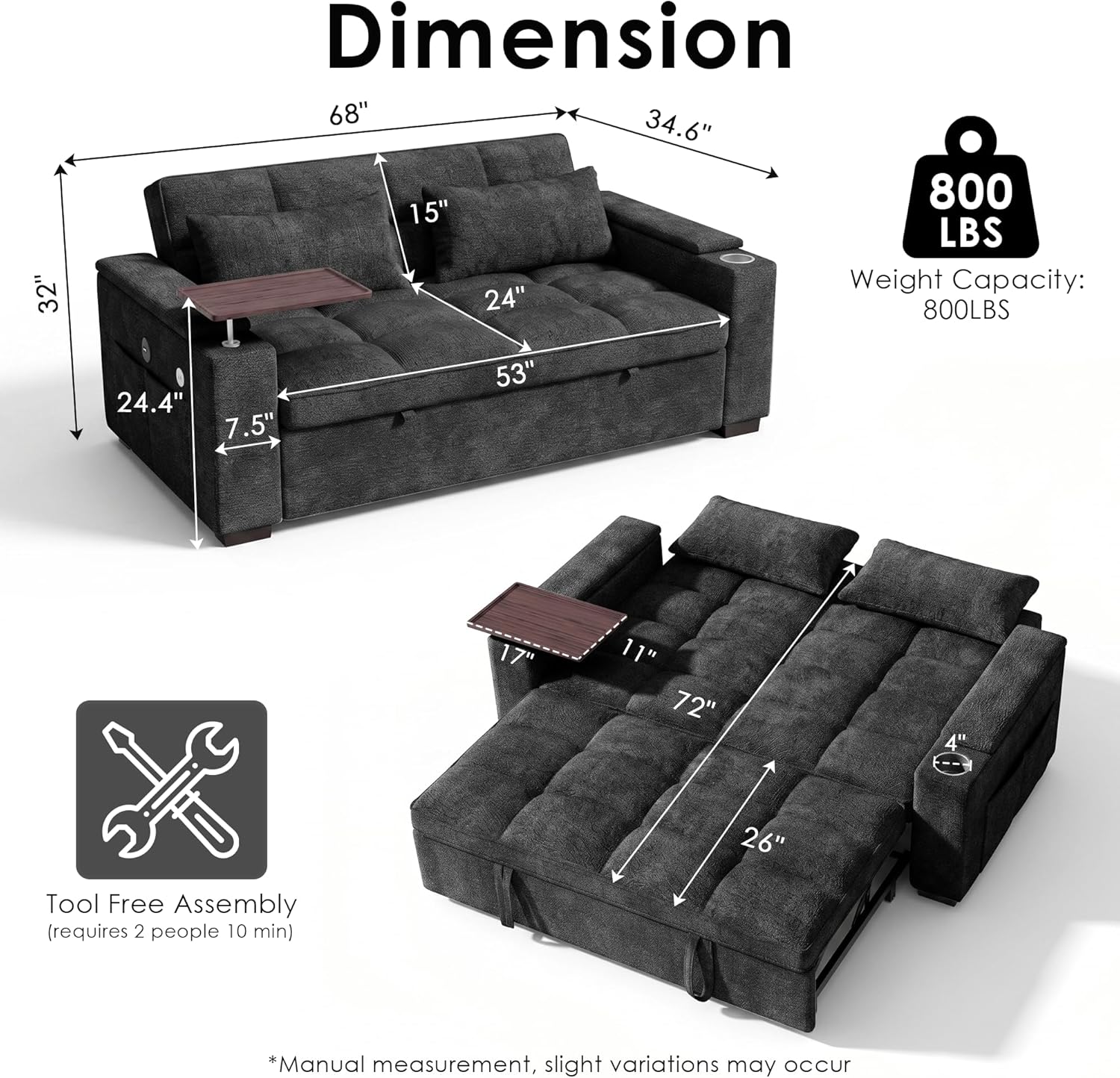 68'' Sleeper Sofa Bed, Pull Out Couch with 360° Swivel Side Table | USB Port | Adjustable Backrest | Cup Holder | Chenille Fabric Loveseat for Living Room, Apartment, Office (Black)