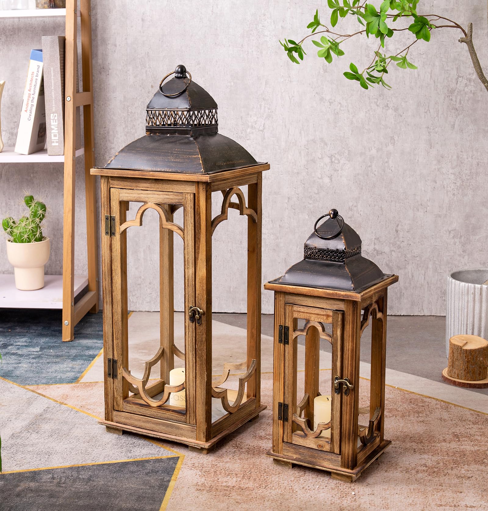 Large Farmhouse Decorative Wooden Lantern Set of 2, Rustic Brown Floor Lanterns, Indoor/Outdoor Hurricane Lanterns for Home Decor (No Glass)