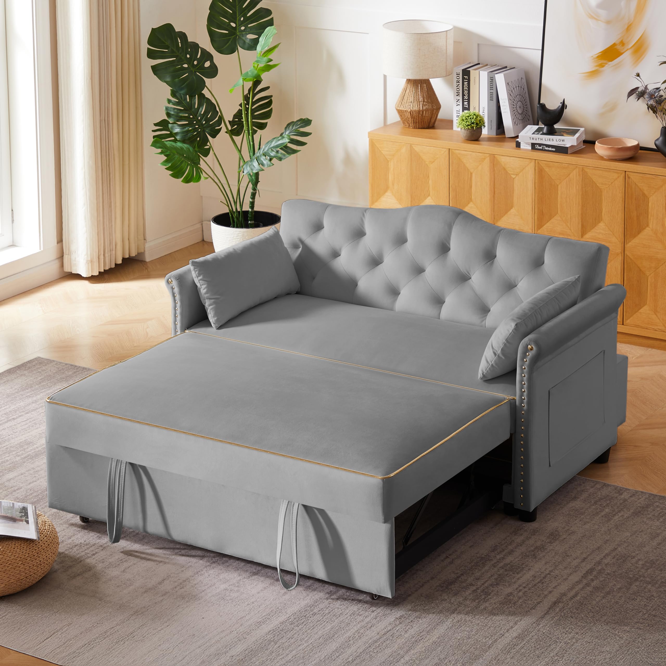 hansones 65'' 3-in-1 Folding Convertible Sofa Bed, Pullout Sofa, Modern Chenille Fabric, 360° Swivel Side Table, Easy Assembly, Perfect for Living Room, Black