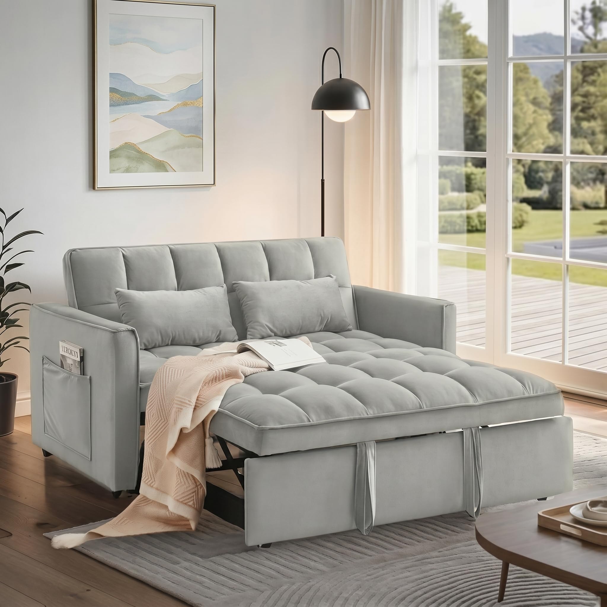 Pull Out Couch, Loveseat Sleeper Sofa Bed with Side Pockets, 3 in 1 Velvet Fabric Convertible Sofa Bed with Adjustable Backrest for Living Room, Bedroom, Apartment, Black