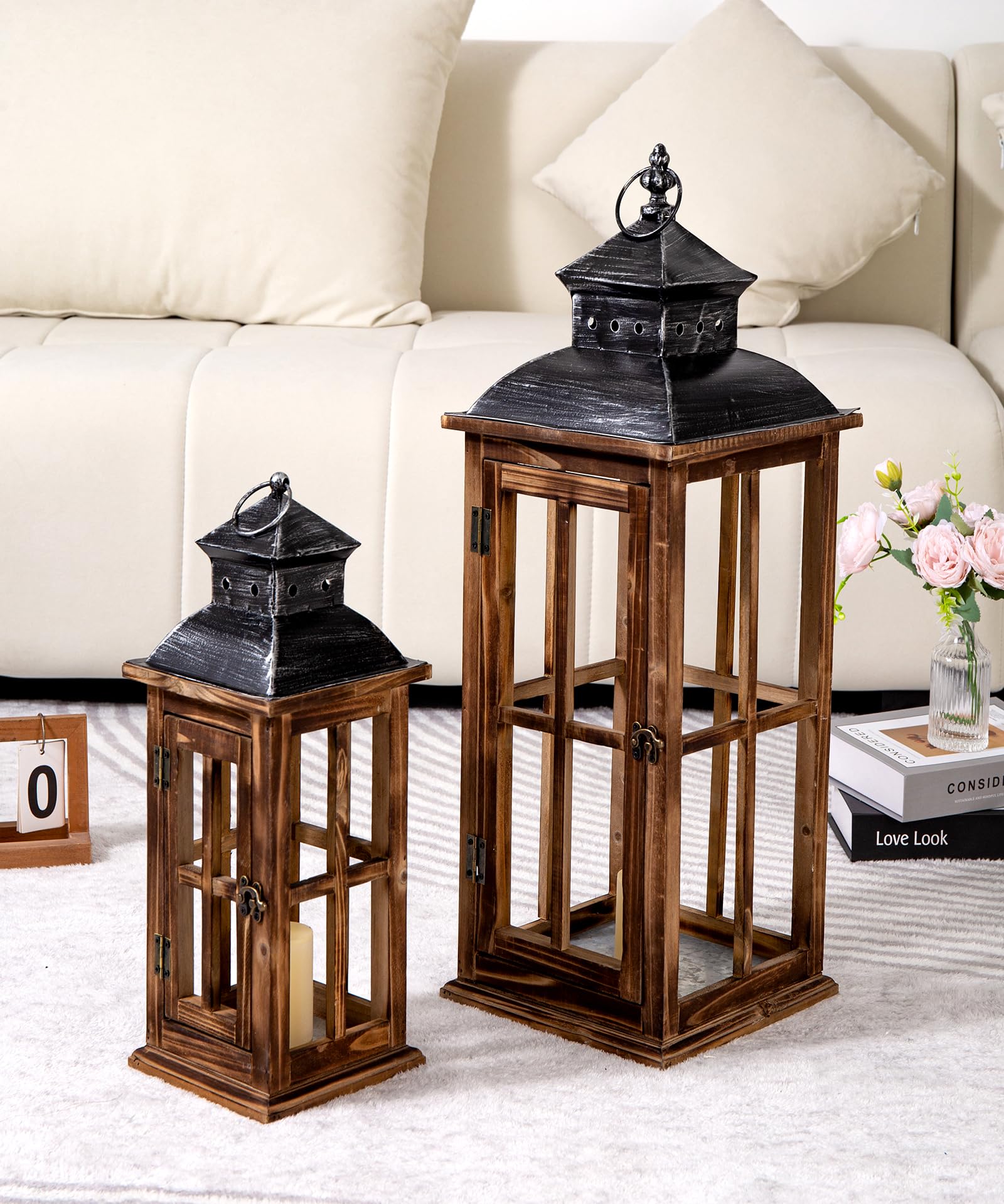Large Farmhouse Decorative Wooden Lantern Set of 2, Rustic Brown Floor Lanterns, Indoor/Outdoor Hurricane Lanterns for Home Decor (No Glass)