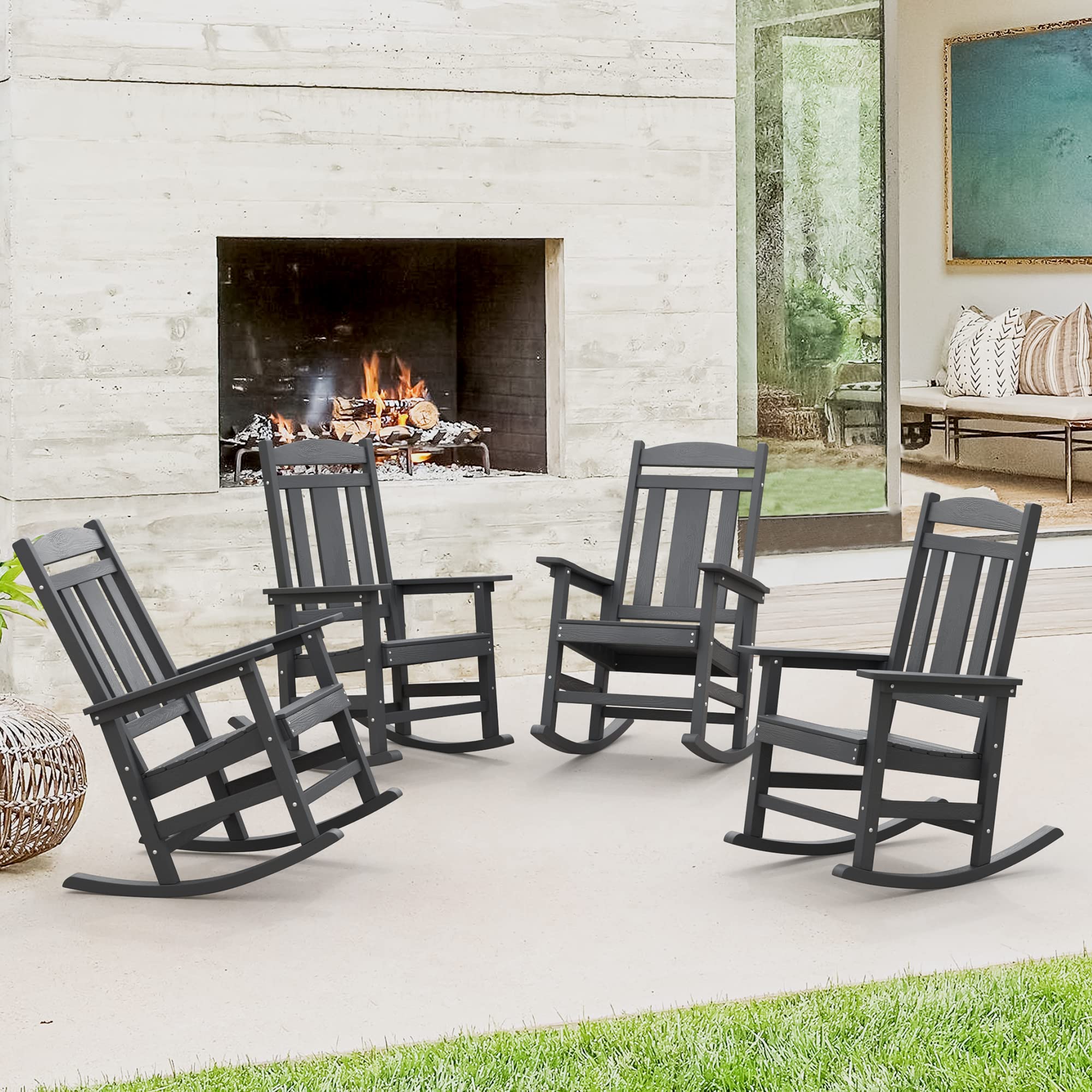 LUE BONA Outdoor Rocking Chairs Set of 2, Weather Resistant Poly Plastic Rocker, 350lb Heavy Duty, Oversized Porch Rocker for Adult, High Back Smooth for Outdoor & Indoor, Black