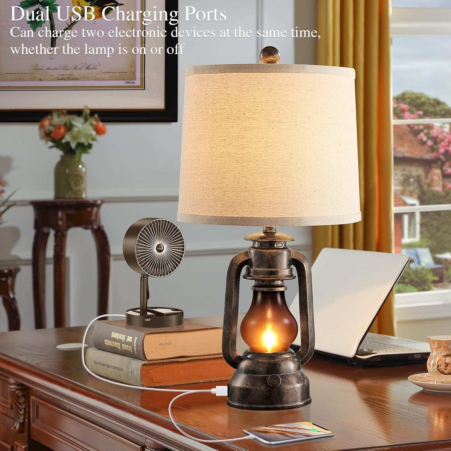 Farmhouse Lantern Table Lamps for Living Room Set of 2, Vintage Bedroom Resin Lamp with Dual USB Charging Ports, Rustic Retro Bedside Nightstand Desk Lamp, 4 Bulb Included