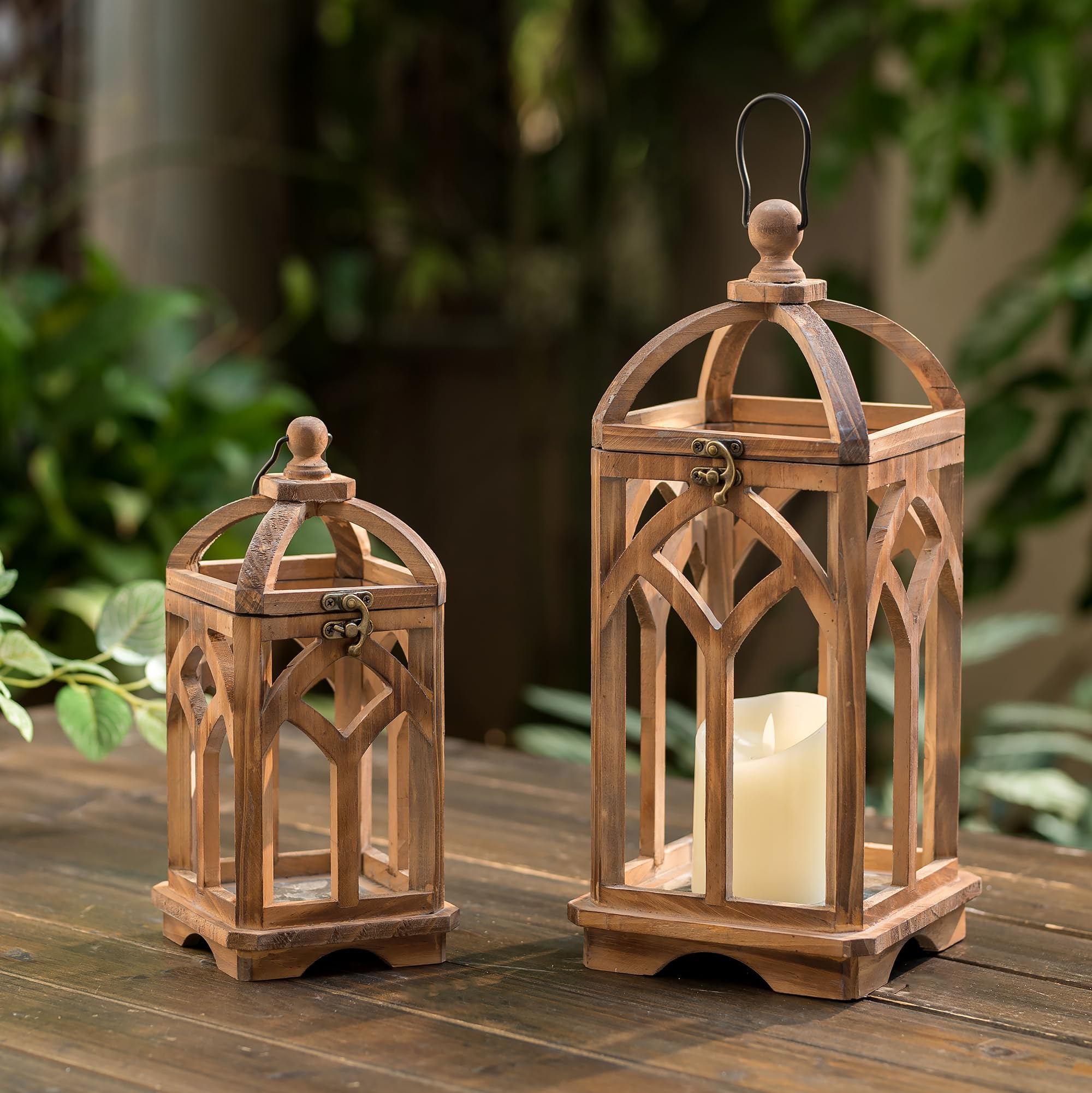 Farmhouse Lanterns Decorative Indoor: 11" & 15" Set of 2 Brown Wooden Candle Holder Lanterns for Table Centerpiece Fireplace Mantle Home Decor