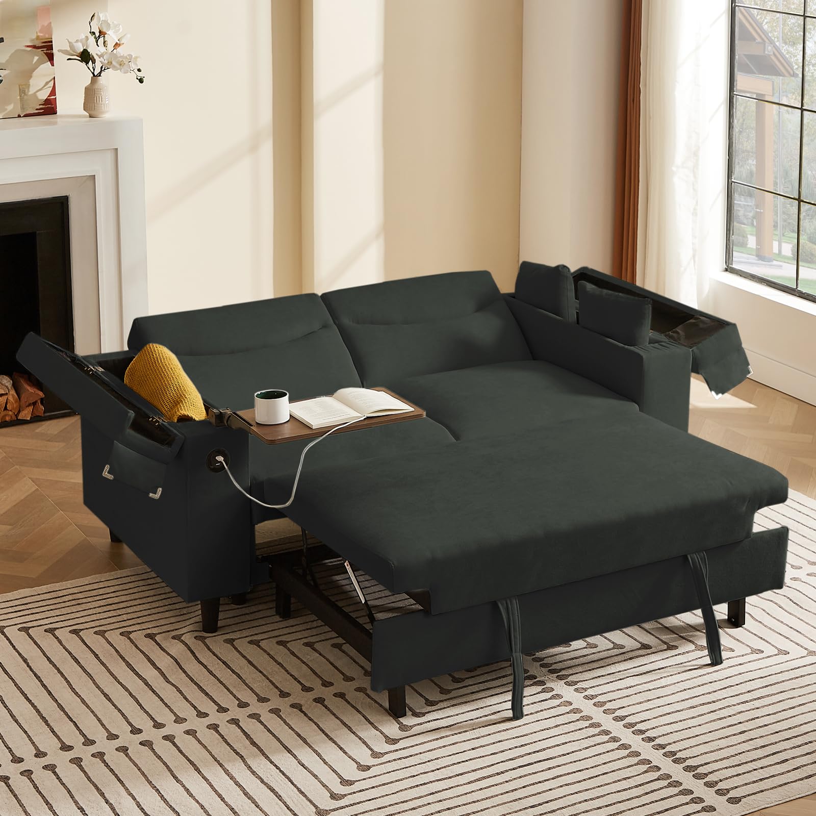 hansones 65'' 3-in-1 Folding Convertible Sofa Bed, Pullout Sofa, Modern Chenille Fabric, 360° Swivel Side Table, Easy Assembly, Perfect for Living Room, Black