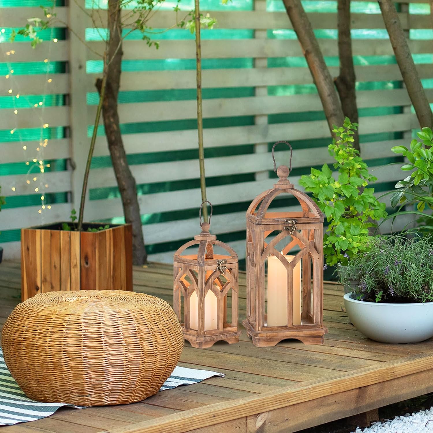 Farmhouse Lanterns Decorative Indoor: 11" & 15" Set of 2 Brown Wooden Candle Holder Lanterns for Table Centerpiece Fireplace Mantle Home Decor