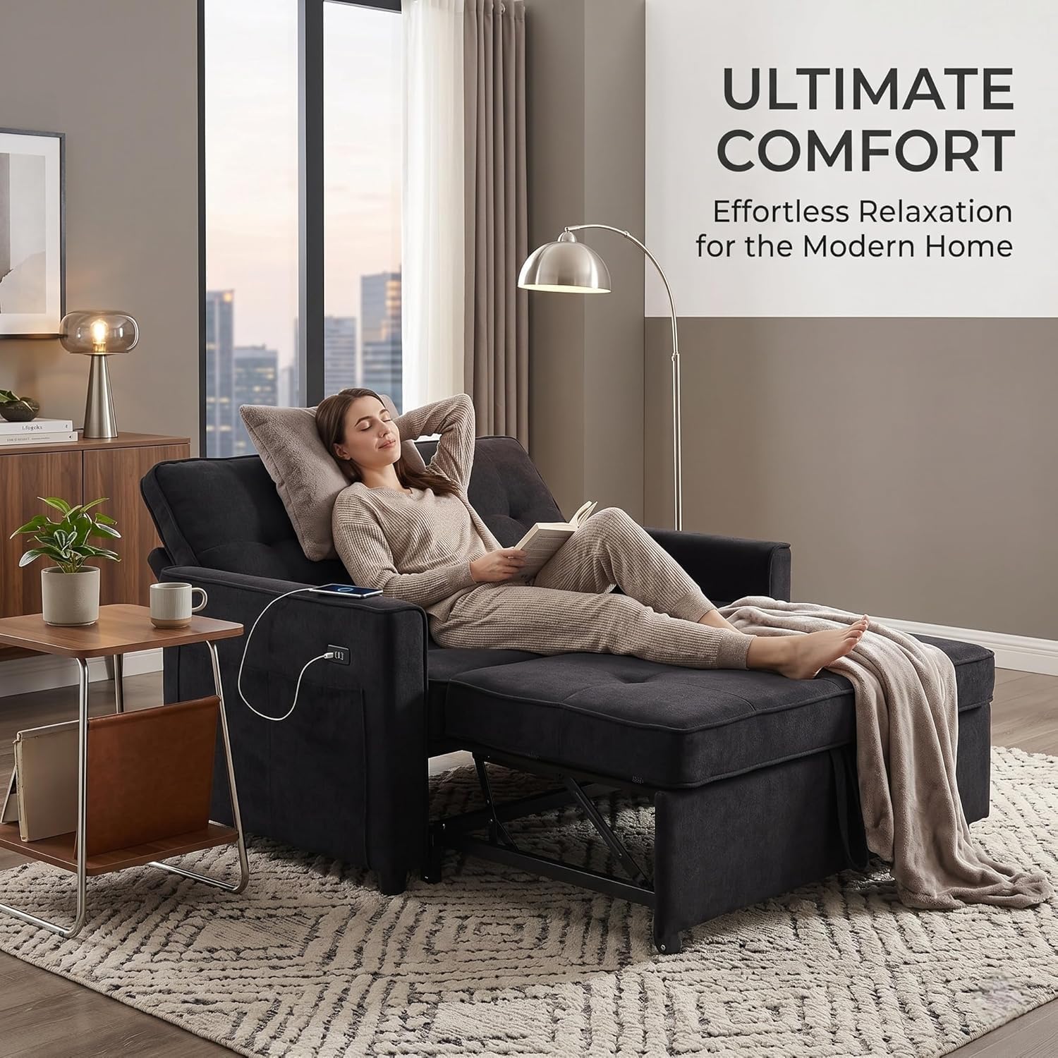 Actinidia 3 in 1 Convertible Sofa Bed, 53" Modern Loveseat Sleeper Sofa with USB Port & Storage Pockets, Pull Out Couch with Reclining Backrest, Futon Bed for Small Spaces, Living Room (Dark Gray)