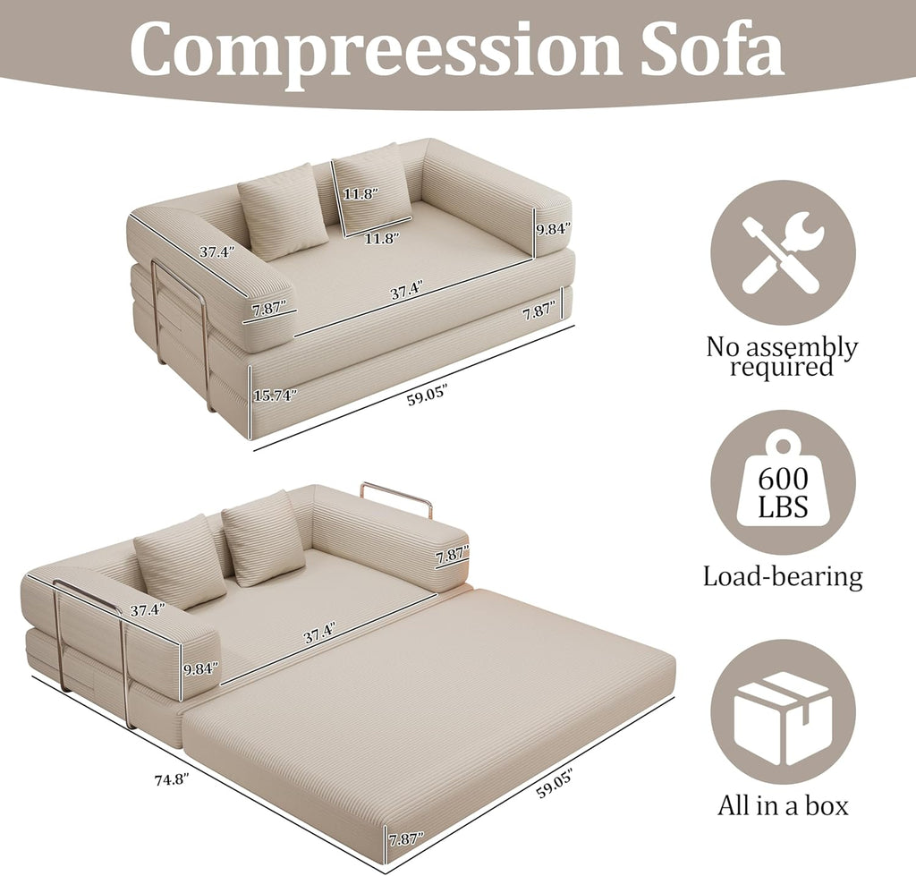 59" 2-Seat Beige Teddy Fabric 4-in-1 Foldable Queen Size Foam Compressed Convertible Sofa Bed