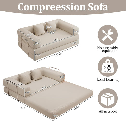59" 2-Seat Beige Teddy Fabric 4-in-1 Foldable Queen Size Foam Compressed Convertible Sofa Bed