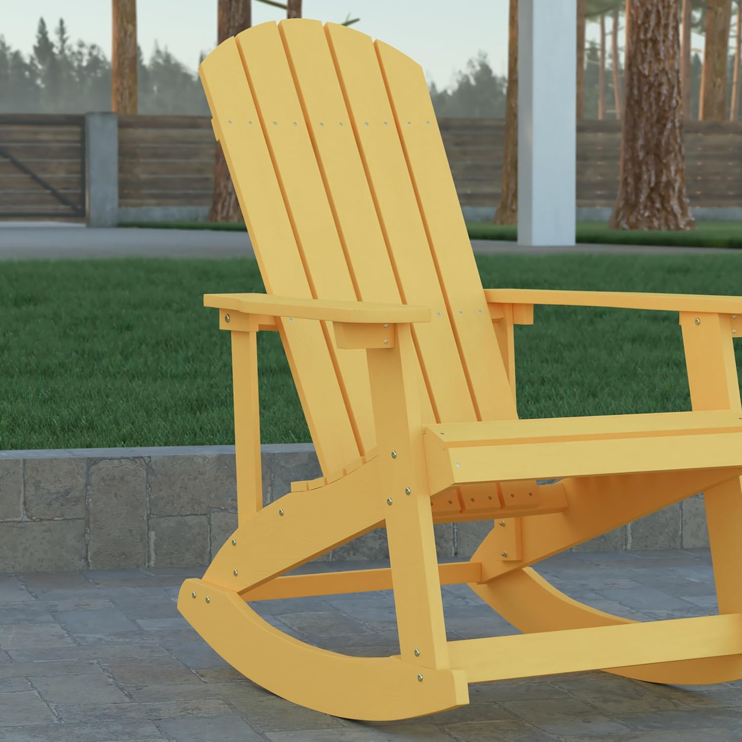 EMMA + OLIVER Savannah Poly Resin Wood Adirondack Rocking Chair - All Weather Yellow Polystyrene - Stainless Steel Hardware