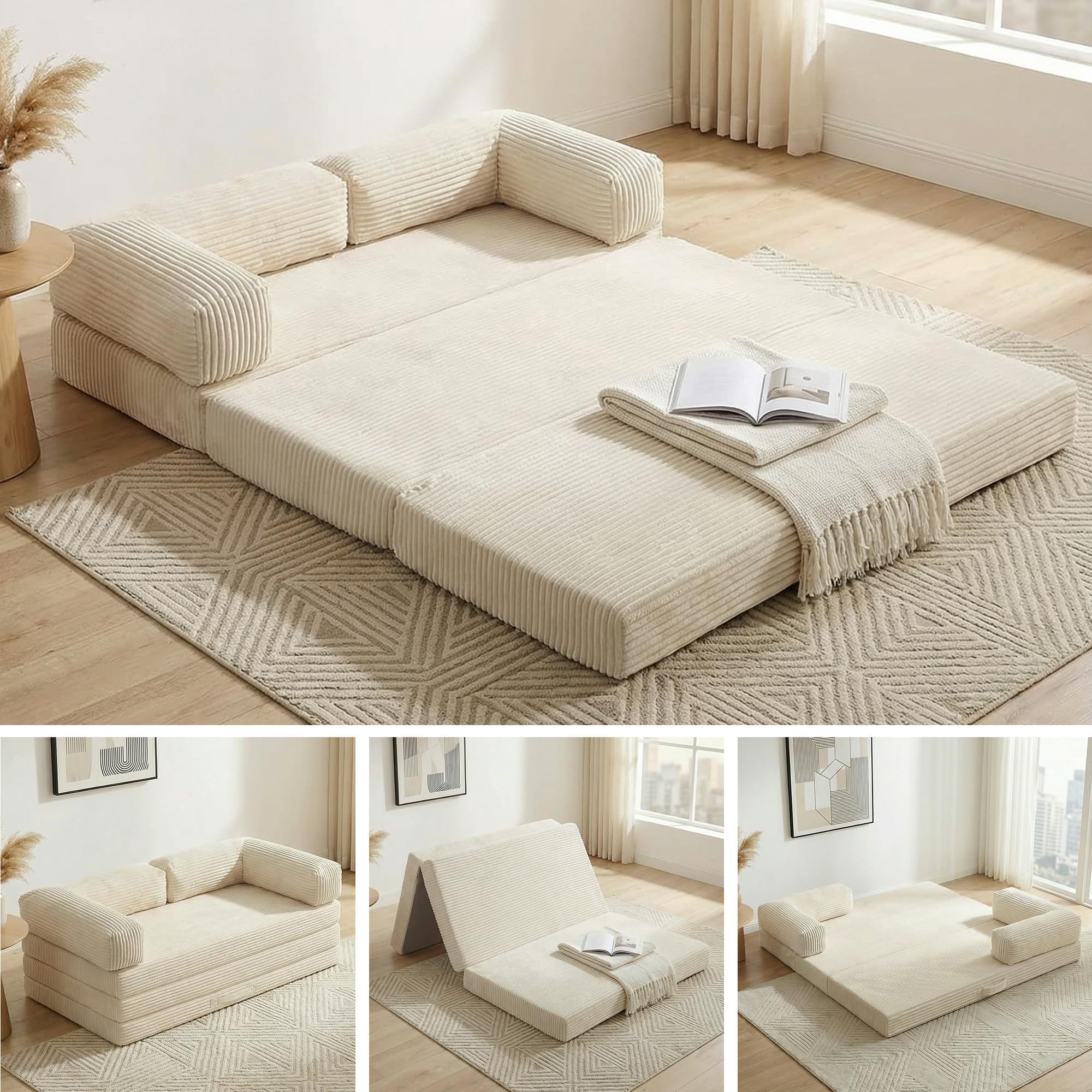 Convertible Sofa Bed Queen,5-in-1 Tri-Fold Boneless Couch with Removable Armrests & Handle,Corduroy Futon Sleeper Sofa,Floor Folding Mattress Pull Out Bed for Small Space Apartment Living Room Bedroom