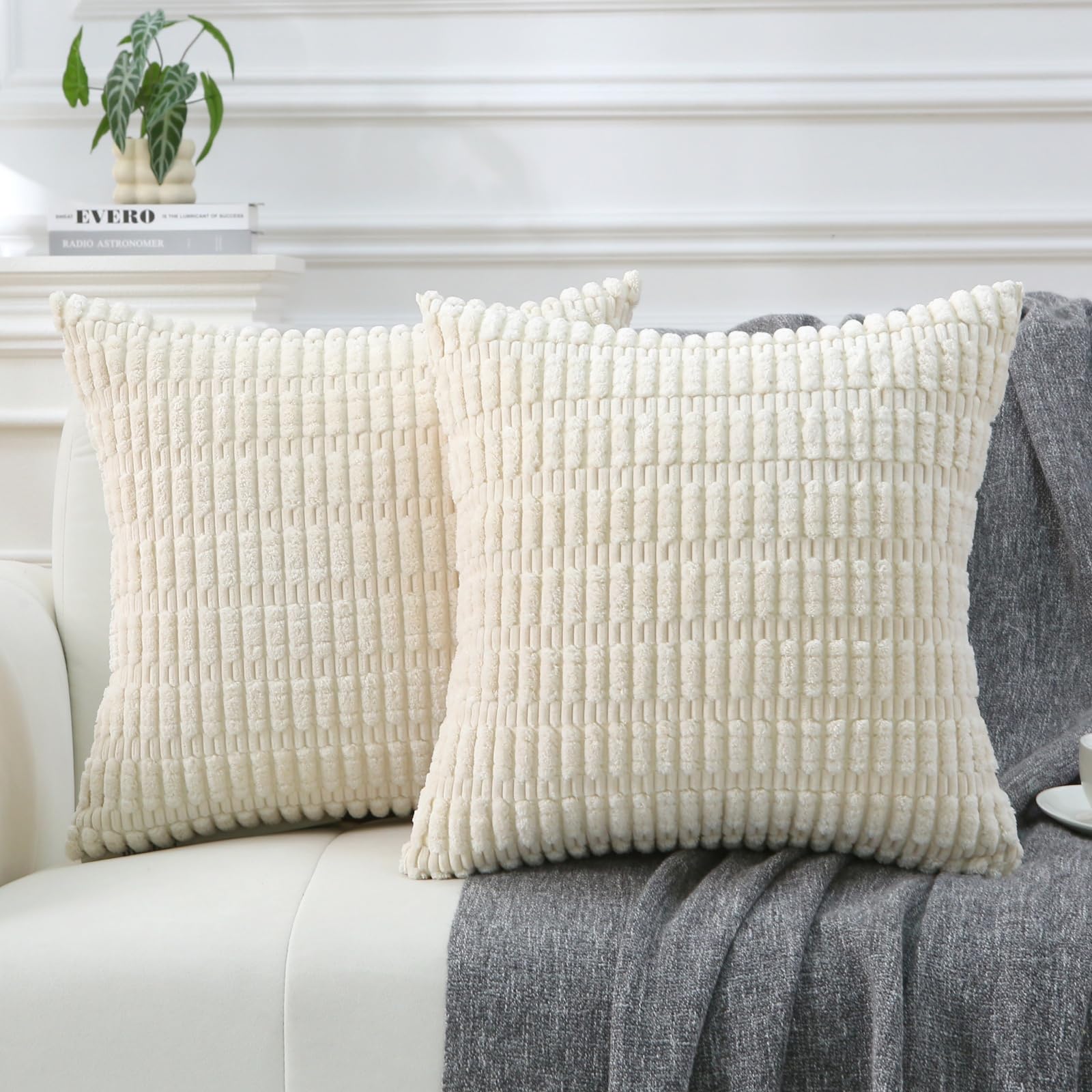 Beige 2 Pack 18×18 Inch Striped Corduroy Boho Throw Pillows with Inserts for Sofa Couch Bed Decor