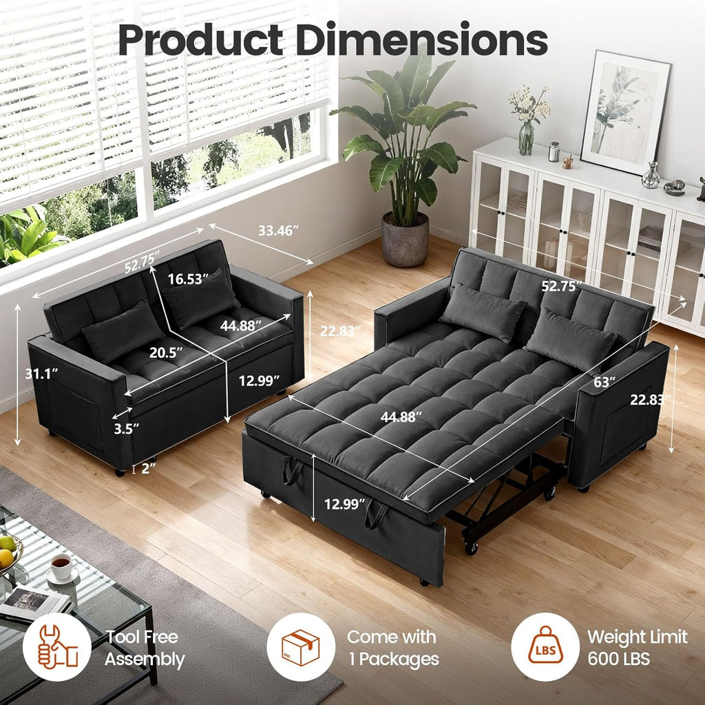 Pull Out Couch, Loveseat Sleeper Sofa Bed with Side Pockets, 3 in 1 Velvet Fabric Convertible Sofa Bed with Adjustable Backrest for Living Room, Bedroom, Apartment, Black