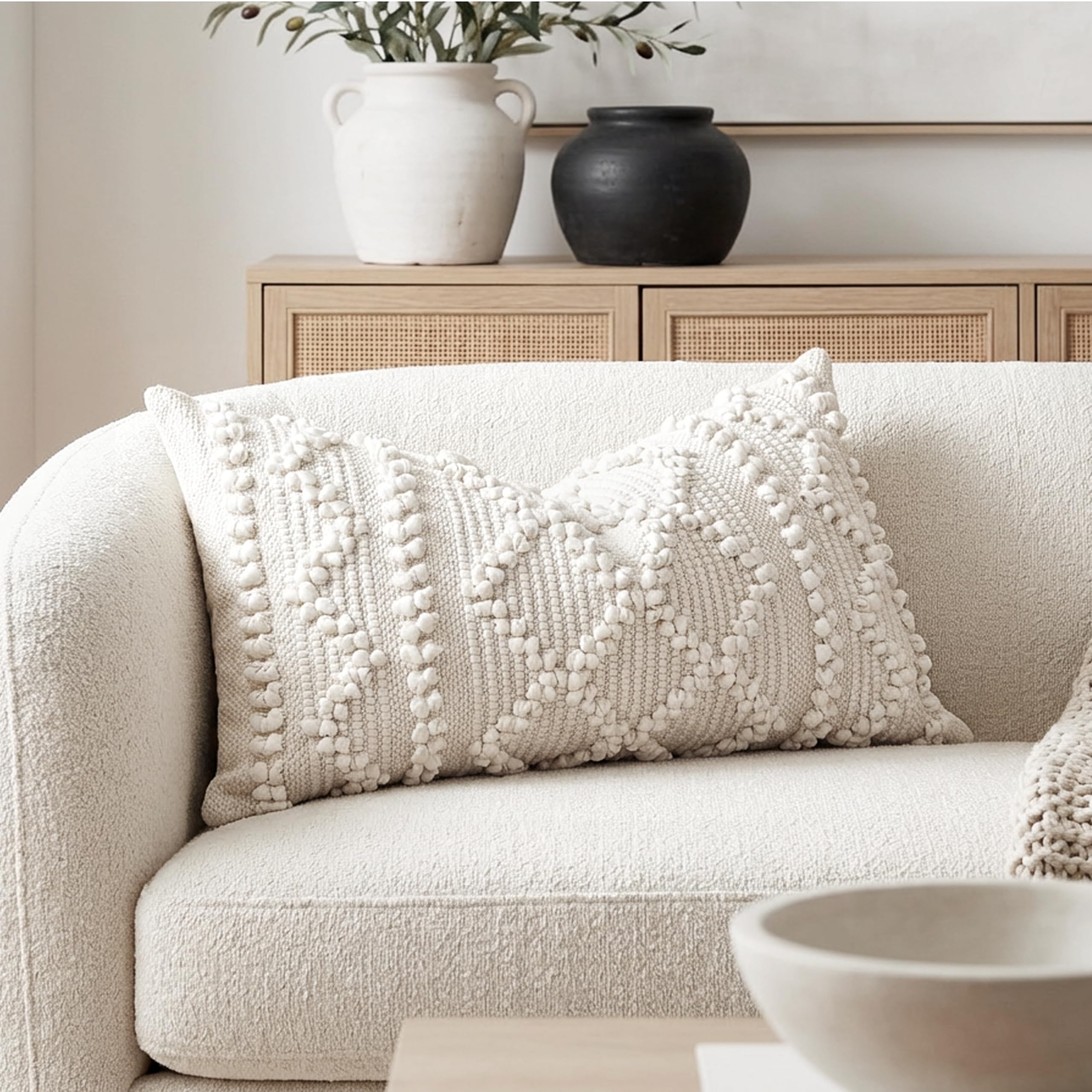 BlissBlush Cream White Boho Throw Pillow Cover 20X20, Boho Woven Textured Pillow Cover, Neutral Pillow Cover, Sofa Couch Bed Farmhouse Lumbar Pillow (Cover ONLY)