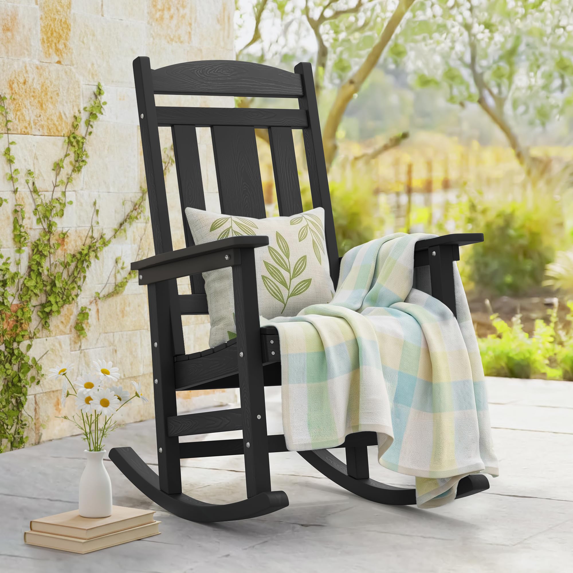 LUE BONA Outdoor Rocking Chairs Set of 2, Weather Resistant Poly Plastic Rocker, 350lb Heavy Duty, Oversized Porch Rocker for Adult, High Back Smooth for Outdoor & Indoor, Black