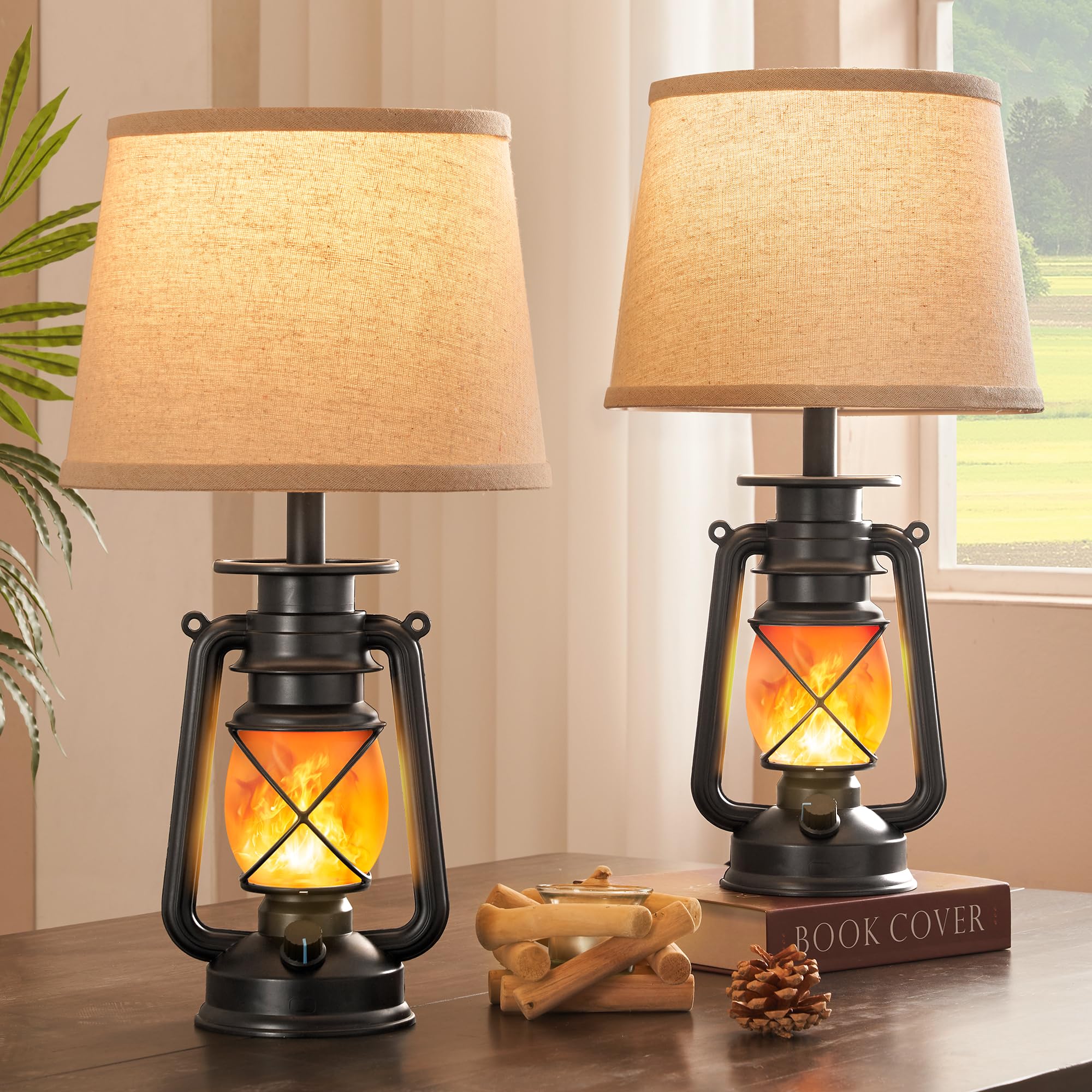 LEDIARY 18.72" LED Vintage Lantern Flickering Flame Table Lamps for Bedrooms Set of 2, Small Farmhouse Rustic Vintage End Table Lamps, Halloween Decorative Lantern Bedside Lamps for Living Room
