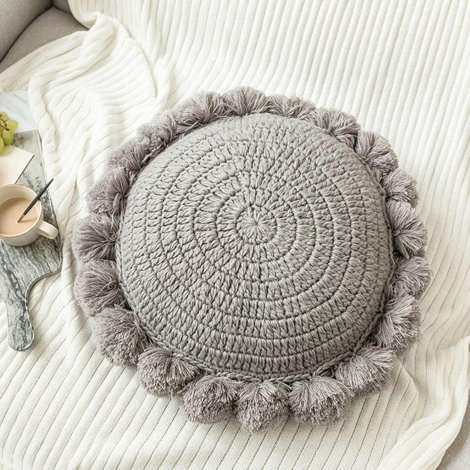 Knitted Throw Pillow Round Couch Pillow Sofa Cute Cushion Handmade Pompoms Decorative Plush Pillow (Beige, Diameter 18inches)
