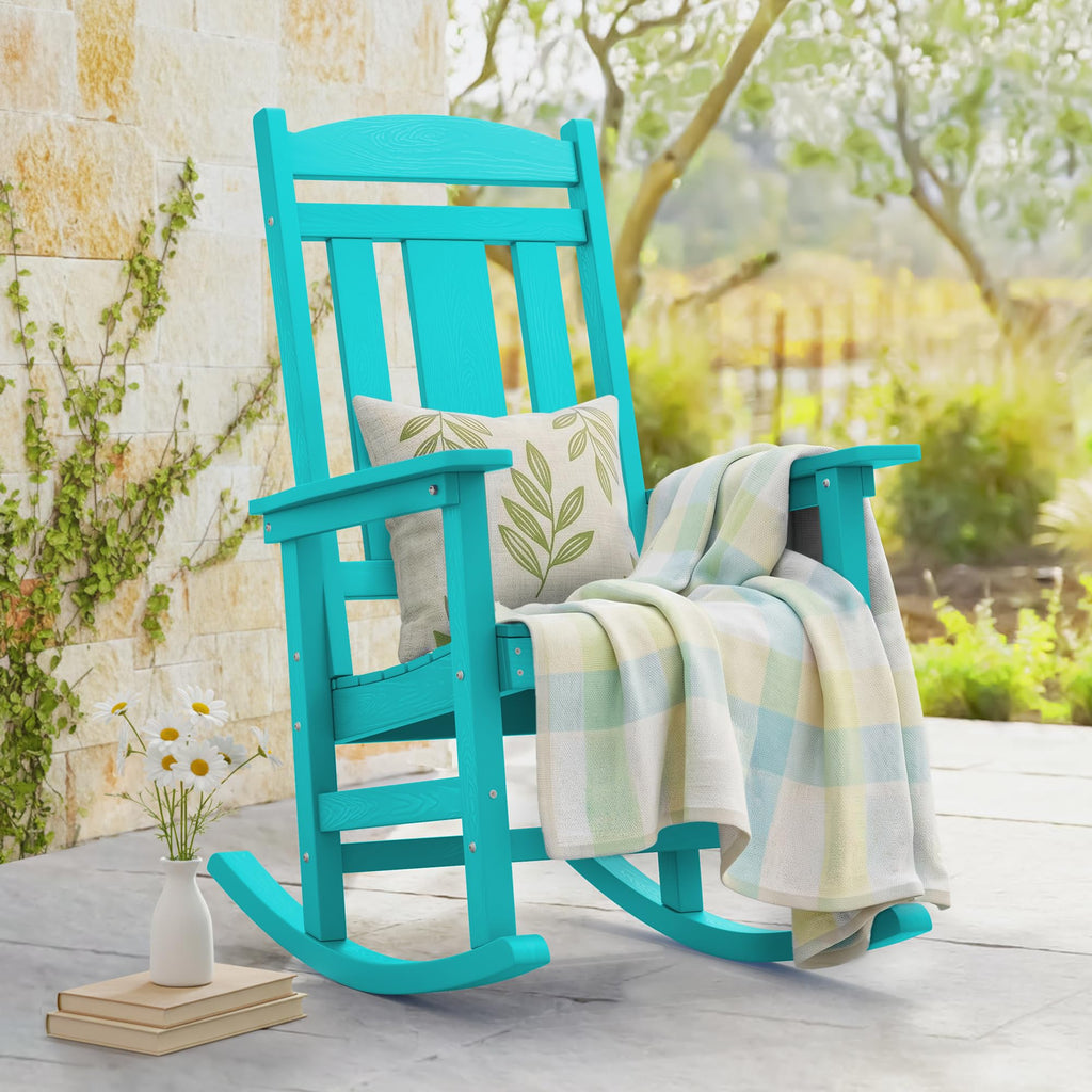 LUE BONA Outdoor Rocking Chairs Set of 2, Weather Resistant Poly Plastic Rocker, 350lb Heavy Duty, Oversized Porch Rocker for Adult, High Back Smooth for Outdoor & Indoor, Black