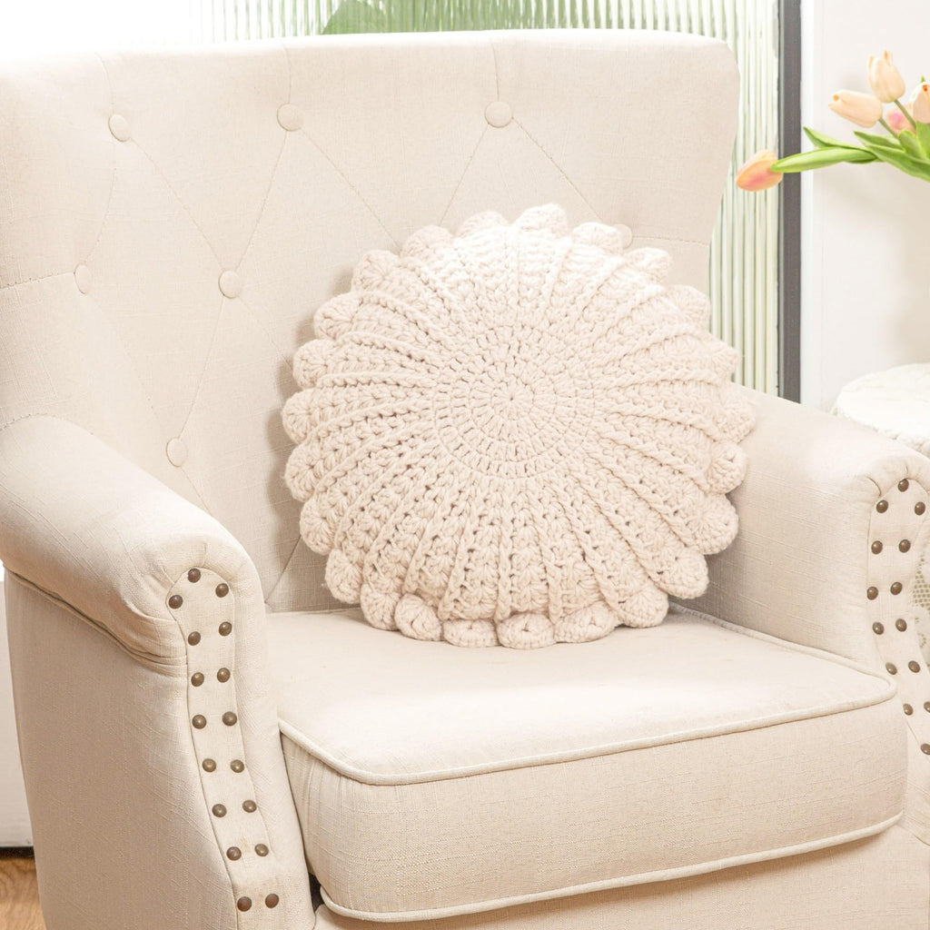 Knitted Throw Pillow Round Couch Pillow Handmade Decorative Plush Pillow Cute Cushion (Beige, 18inch)