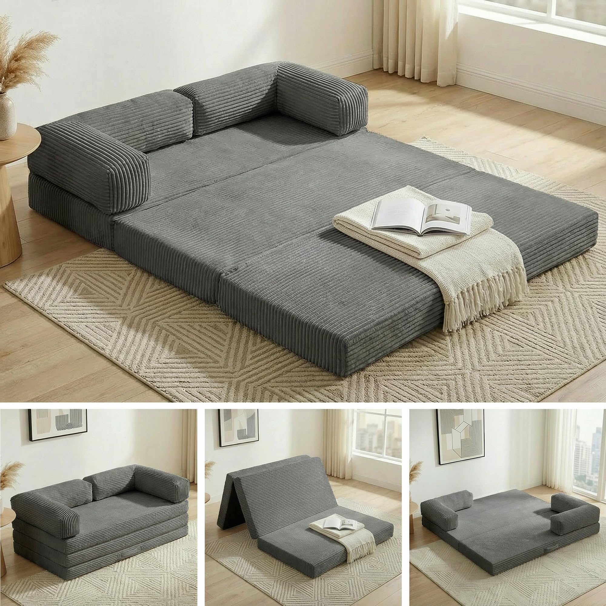 Convertible Sofa Bed Queen,5-in-1 Tri-Fold Boneless Couch with Removable Armrests & Handle,Corduroy Futon Sleeper Sofa,Floor Folding Mattress Pull Out Bed for Small Space Apartment Living Room Bedroom