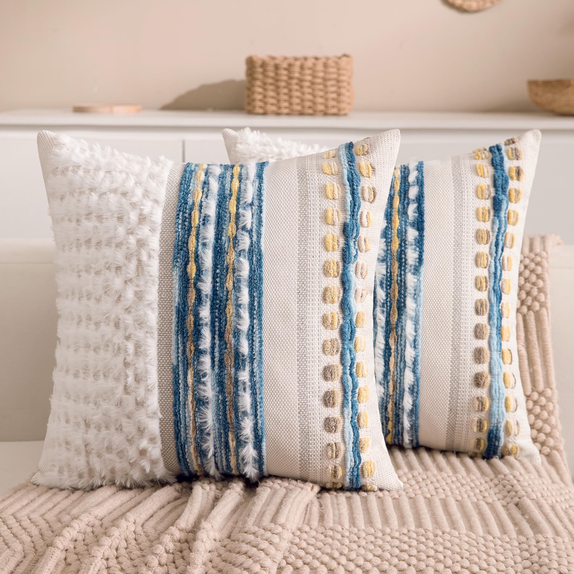 Boho Chenille Tufted Couch Throw Pillow Covers 18x18 Inch Set of 2 Farmhouse Striped Decorative Pillow Covers Accent Neutral Square Pillowcase Grey Cushion Covers for Livingroom Sofa Bed