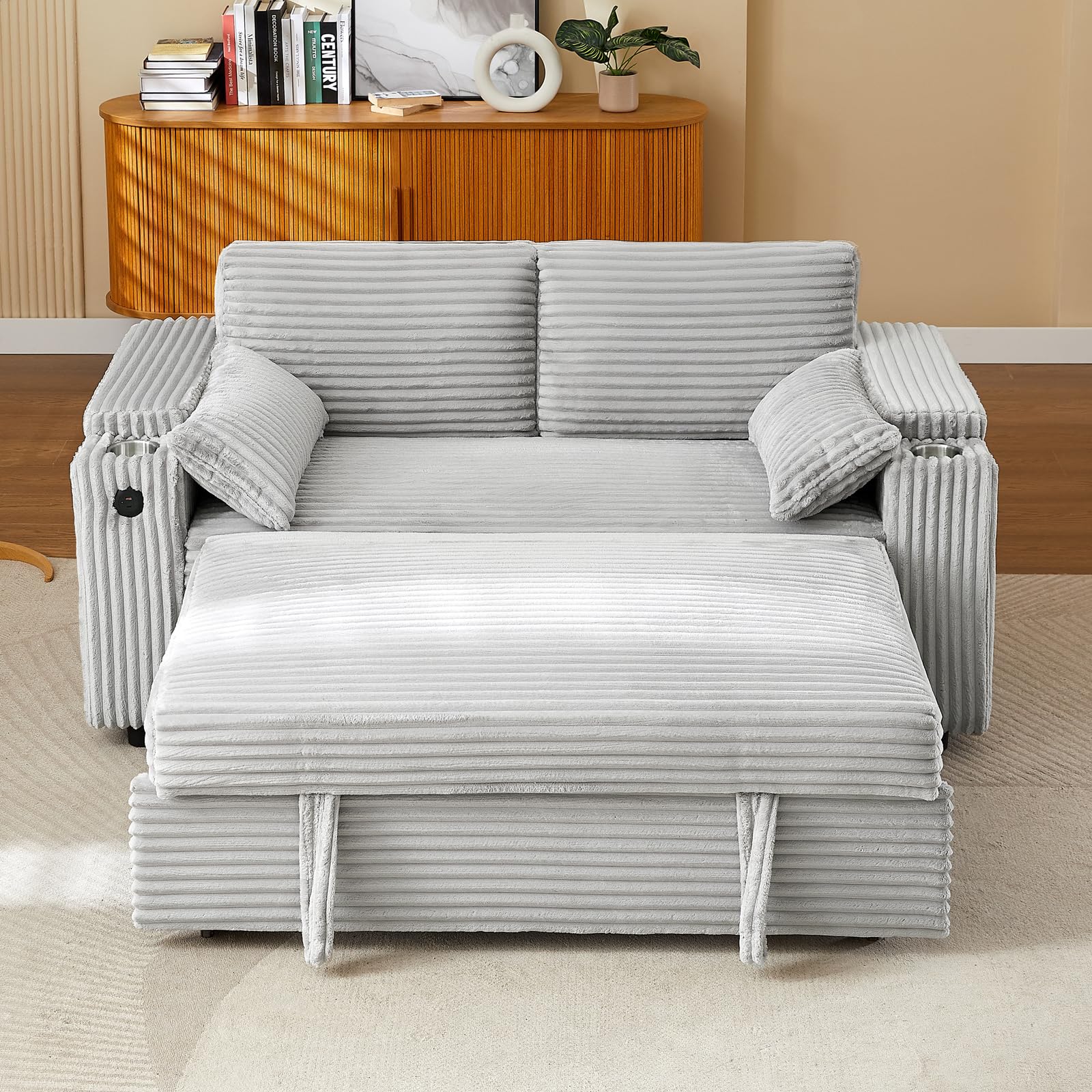 hansones 65'' 3-in-1 Folding Convertible Sofa Bed, Pullout Sofa, Modern Chenille Fabric, 360° Swivel Side Table, Easy Assembly, Perfect for Living Room, Black