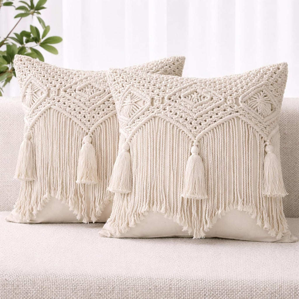 Folkulture Boho Throw Pillow Covers 18X18, Macrame Decorative Pillow Covers, Modern Farmhouse Bohemian Pillowcases for Bed, Couch or Sofa, Set of 2 Farmhouse Pillow Covers with Tassels, Natural White