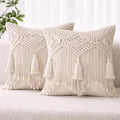 Folkulture Boho Throw Pillow Covers 18X18, Macrame Decorative Pillow Covers, Modern Farmhouse Bohemian Pillowcases for Bed, Couch or Sofa, Set of 2 Farmhouse Pillow Covers with Tassels, Natural White