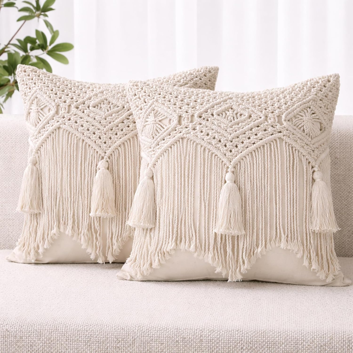 Folkulture Boho Throw Pillow Covers 18X18, Macrame Decorative Pillow Covers, Modern Farmhouse Bohemian Pillowcases for Bed, Couch or Sofa, Set of 2 Farmhouse Pillow Covers with Tassels, Natural White