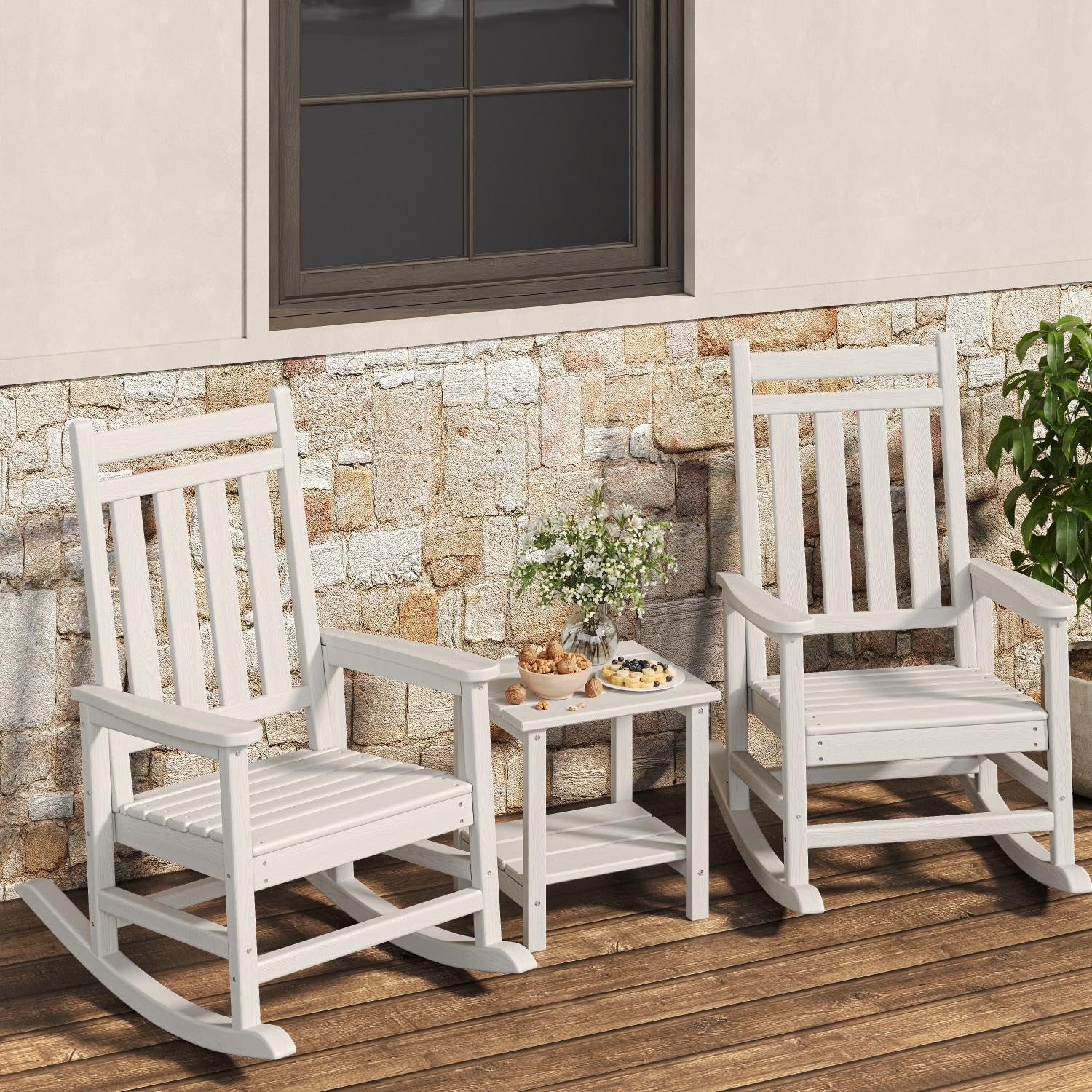 Black Garvee 2-Pack HDPE High Back Outdoor Rocking Chairs with Side Table All Weather Patio Porch Furniture