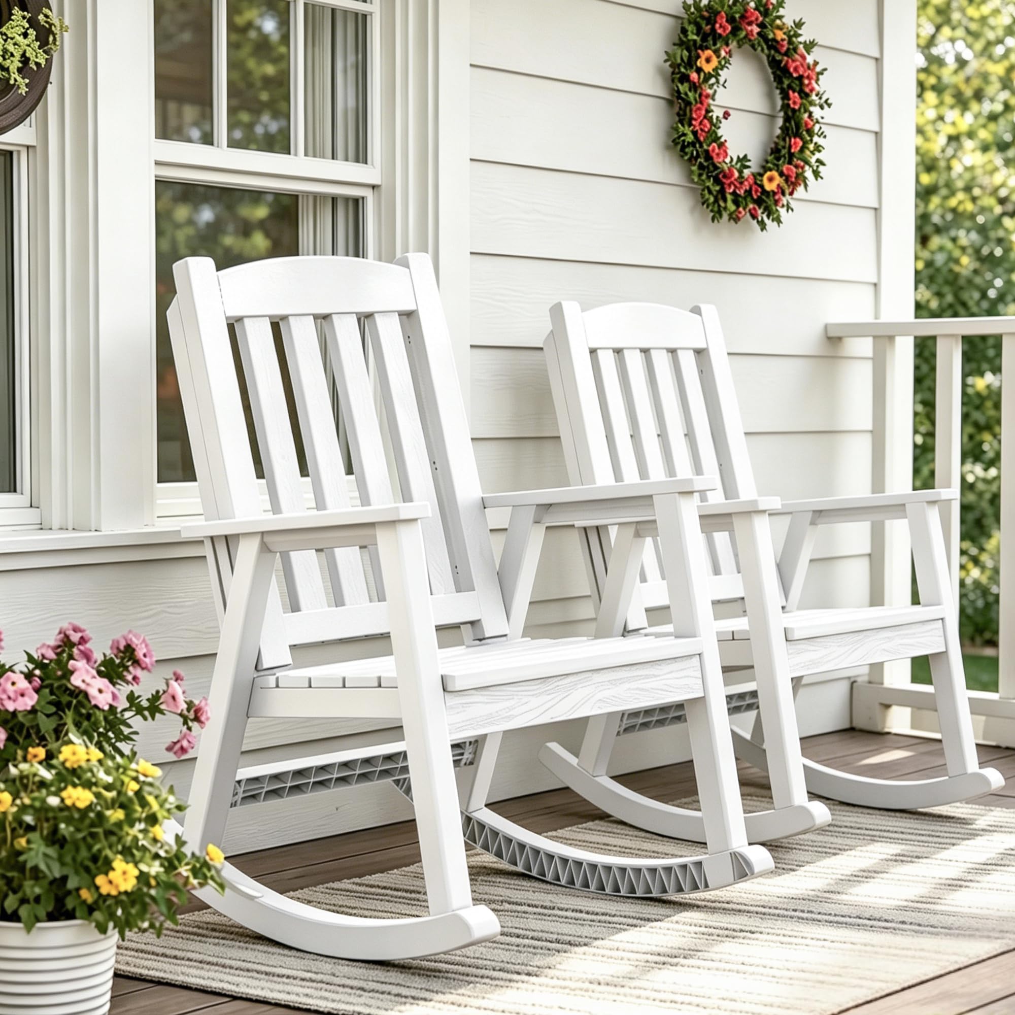Greesum Outdoor Rocking Chair, 300lbs All-Weather Patio Rocker, Rust-Proof & UV-Resistant, Comfortable Smooth Glide for Deck, Porch, Lawn, or Garden, White