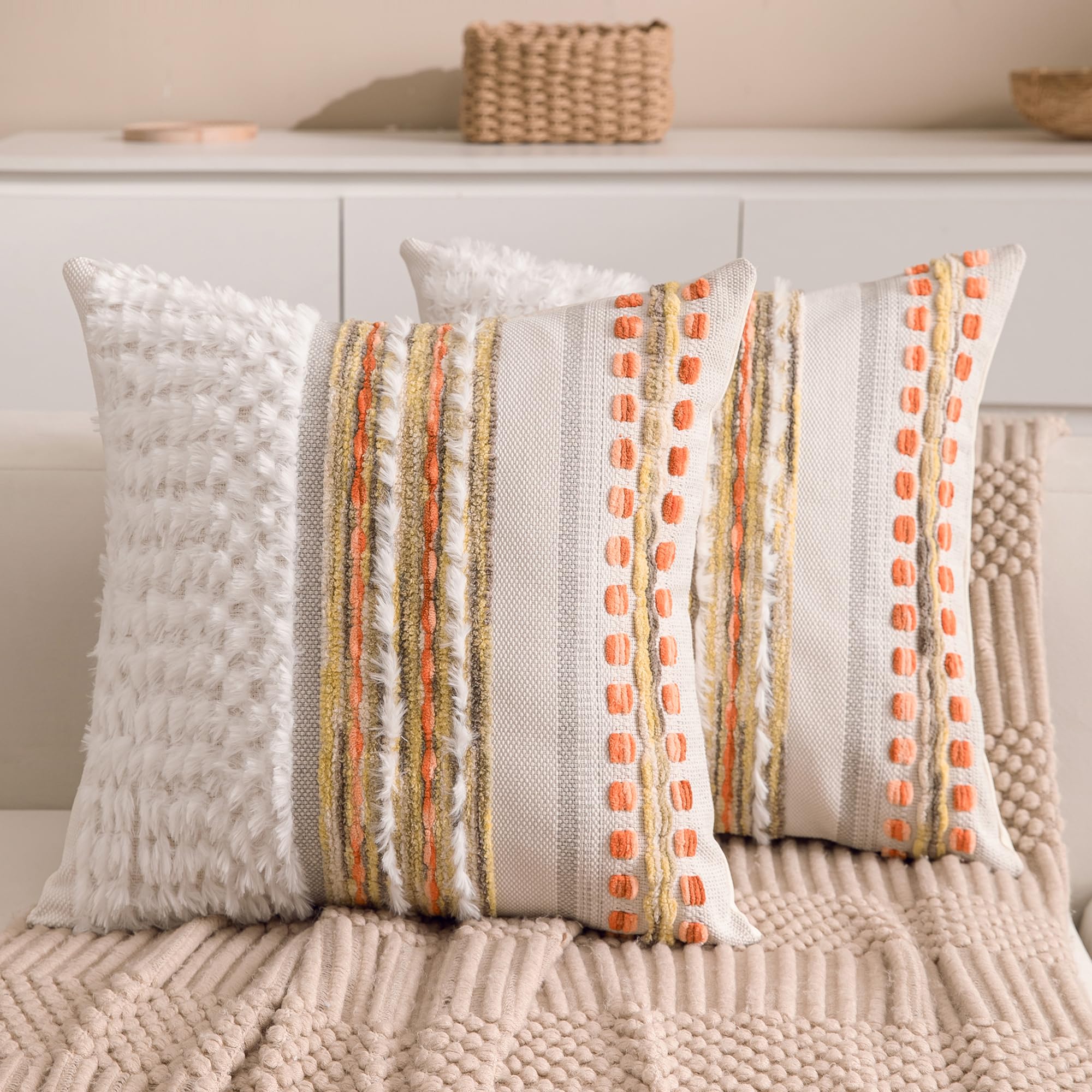 Boho Chenille Tufted Couch Throw Pillow Covers 18x18 Inch Set of 2 Farmhouse Striped Decorative Pillow Covers Accent Neutral Square Pillowcase Grey Cushion Covers for Livingroom Sofa Bed