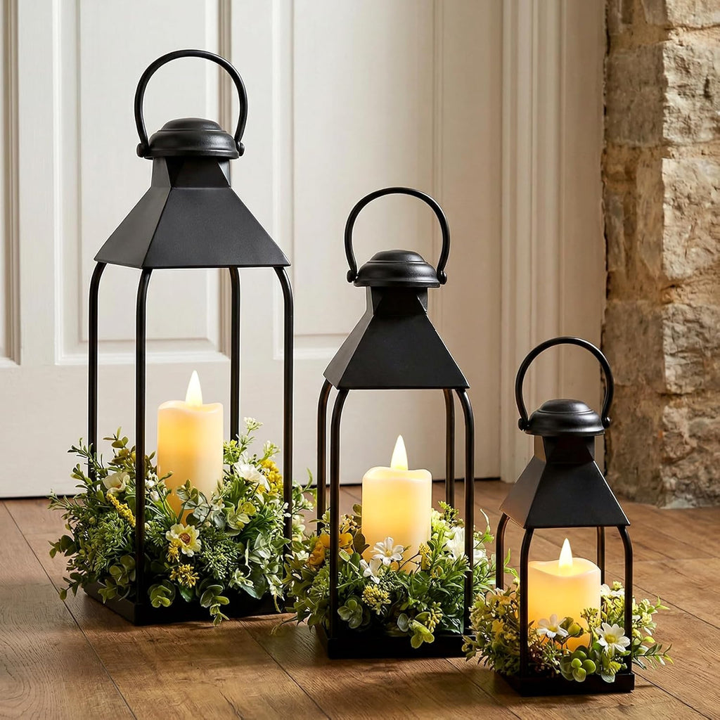 Black Set of 3 Decorative Metal Farmhouse Lanterns 12"/15.7"/20" Indoor Outdoor Porch Wedding Centerpiece Without Candles