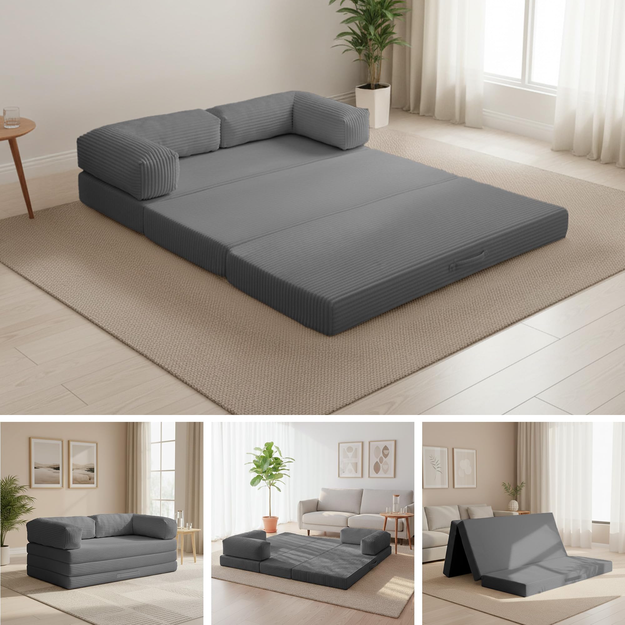 Convertible Sofa Bed Queen,5-in-1 Tri-Fold Boneless Couch with Removable Armrests & Handle,Corduroy Futon Sleeper Sofa,Floor Folding Mattress Pull Out Bed for Small Space Apartment Living Room Bedroom