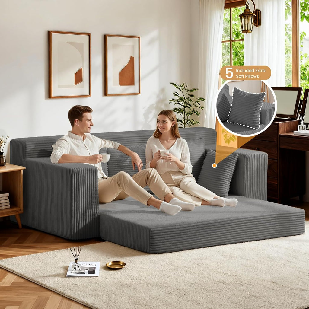 Oversized Boneless Loveseat, 3 Seater Pull Out Convertible Sofa Bed, 70" Gray Boneless Couch Fold Out Floor Couch Sleeper Sofa with 5 Pillows for Living Room Bedroom Lounge Small Space
