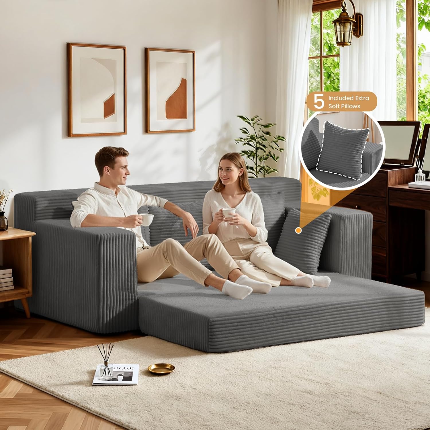 Oversized Boneless Loveseat, 3 Seater Pull Out Convertible Sofa Bed, 70" Gray Boneless Couch Fold Out Floor Couch Sleeper Sofa with 5 Pillows for Living Room Bedroom Lounge Small Space